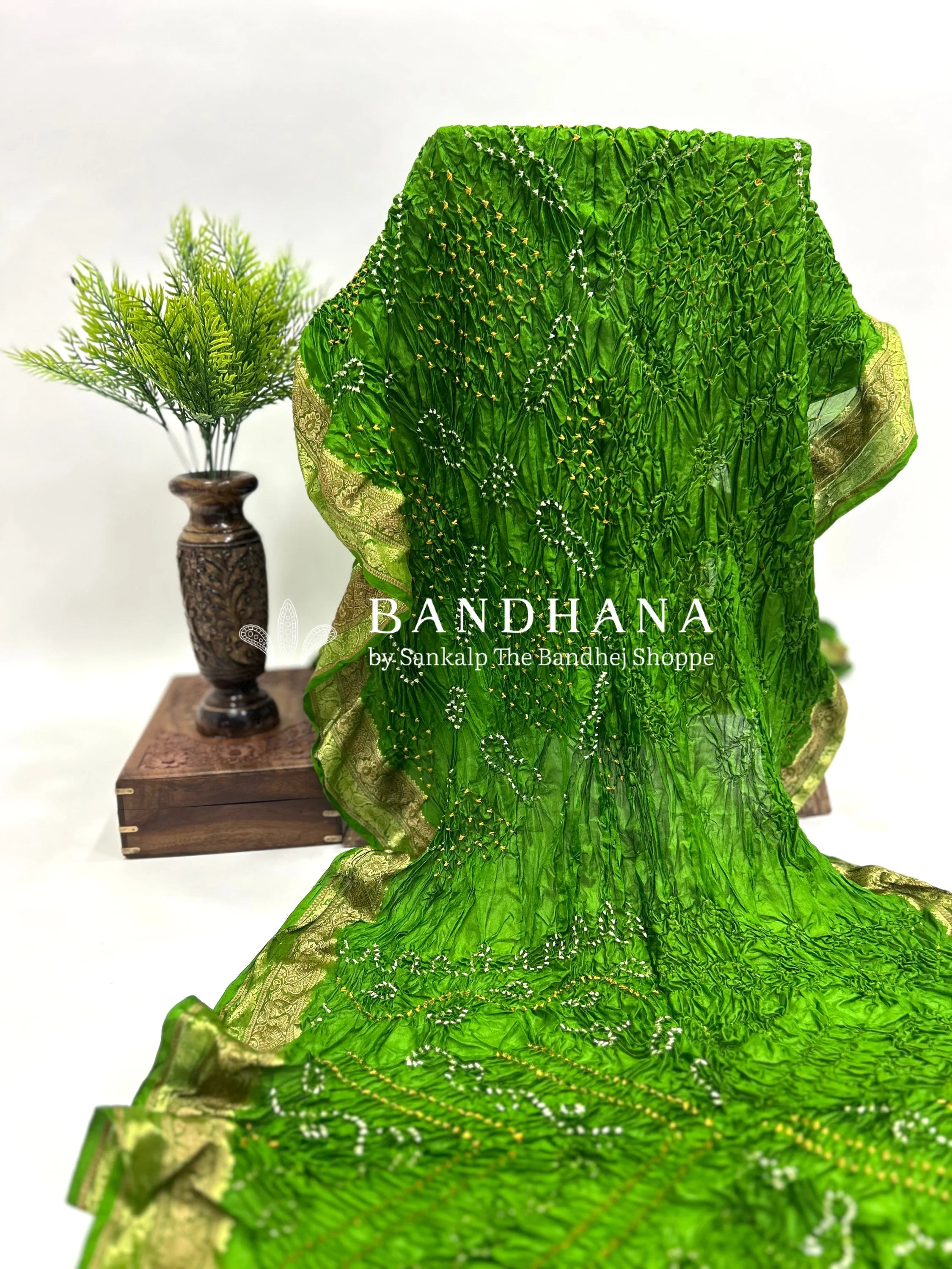 Mehandi Soft Silk Resham Border Bandhani Saree limegreen / Soft Silk Sarees