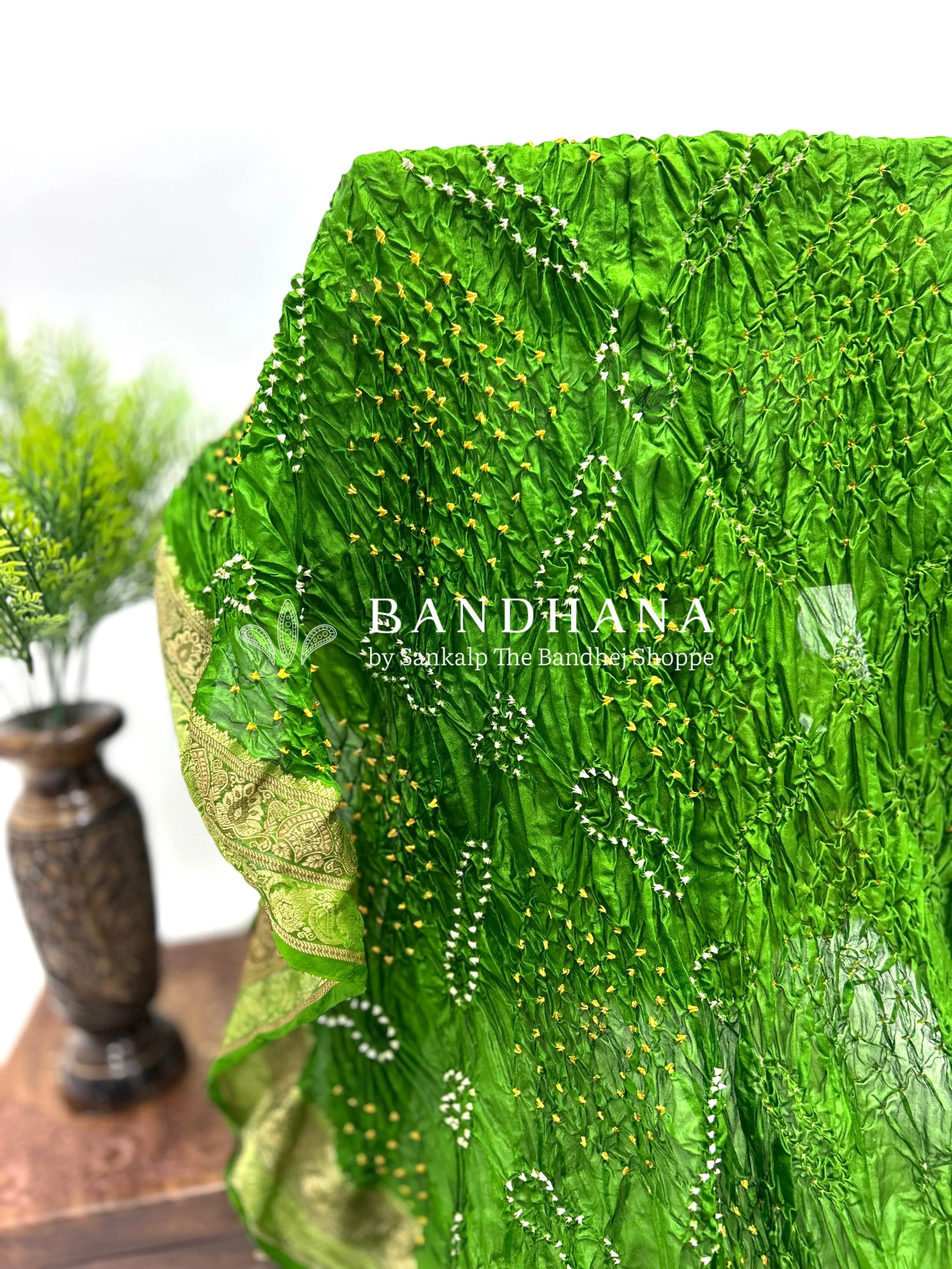 Mehandi Soft Silk Resham Border Bandhani Saree limegreen / Soft Silk Sarees