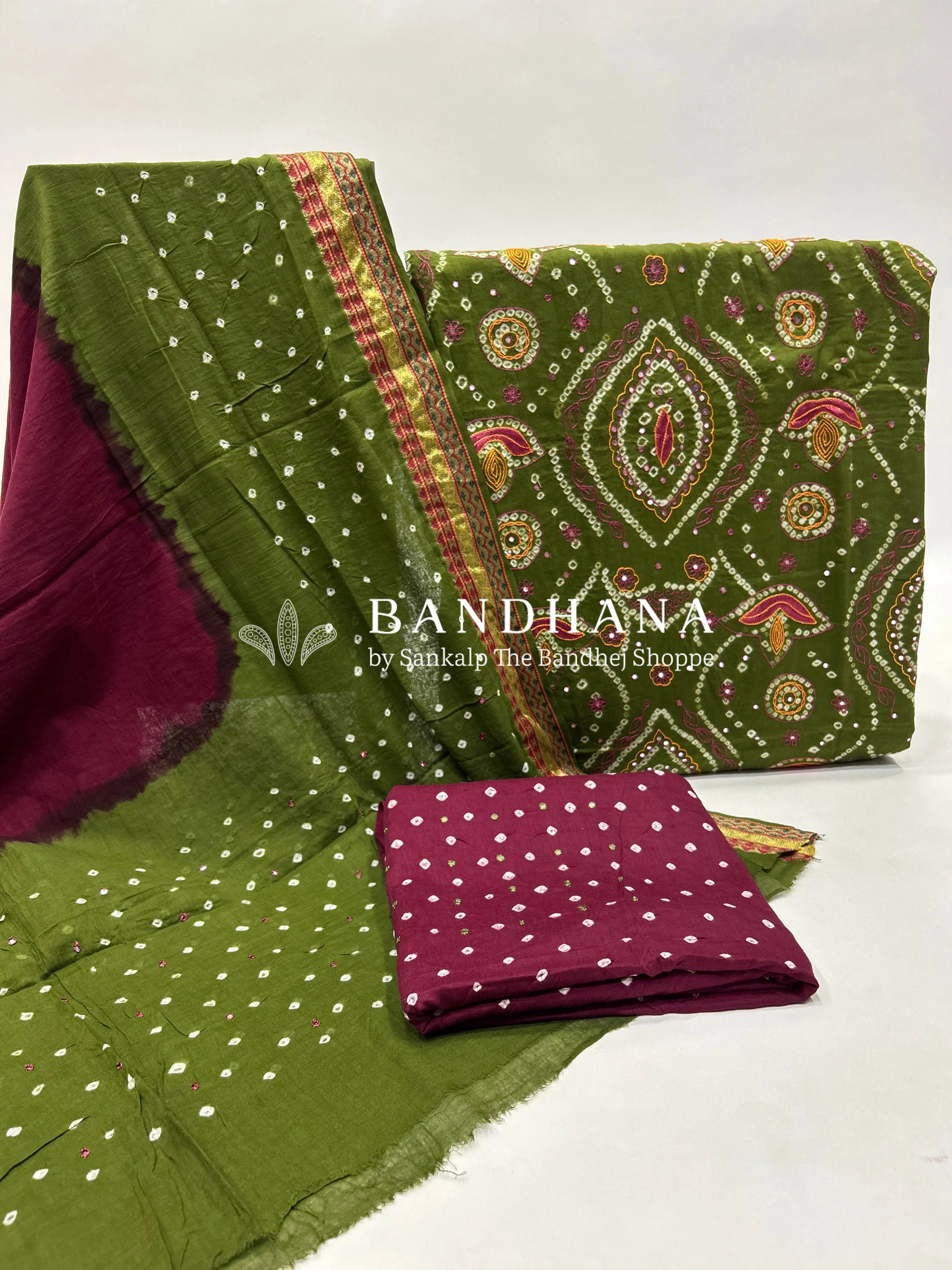 Mehendi Green-Maroon Cotton Fancy Work Bandhani Dress Material green / Cotton Dresses