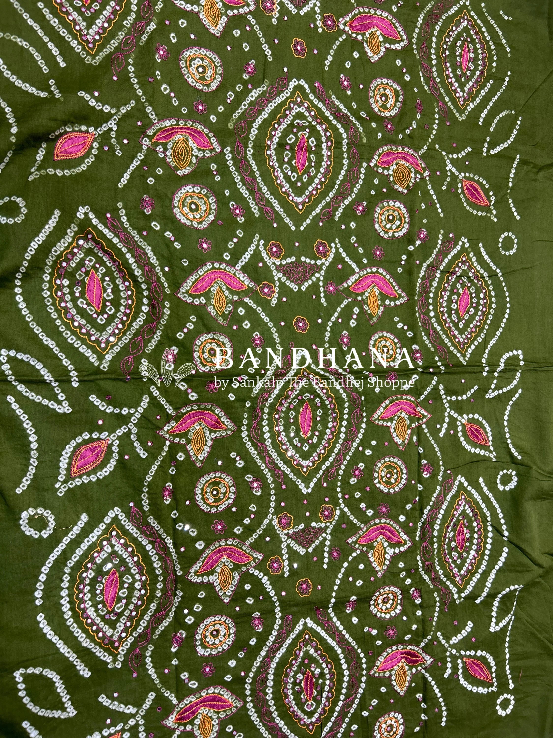 Mehendi Green-Maroon Cotton Fancy Work Bandhani Dress Material green / Cotton Dresses