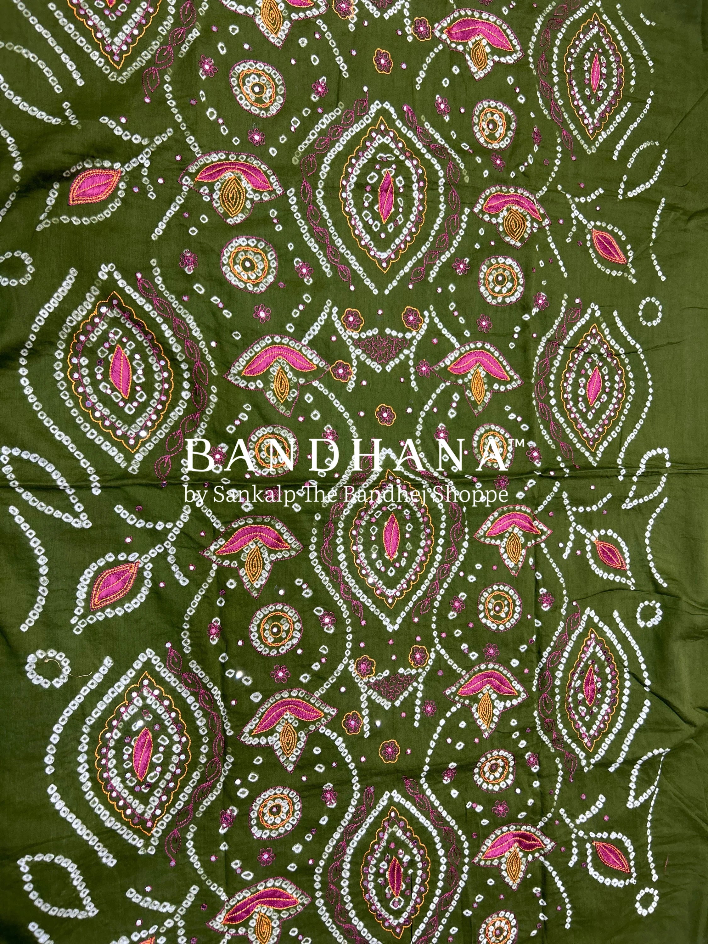 Mehendi Green-Maroon Cotton Fancy Work Bandhani Dress Material green / Cotton Dresses