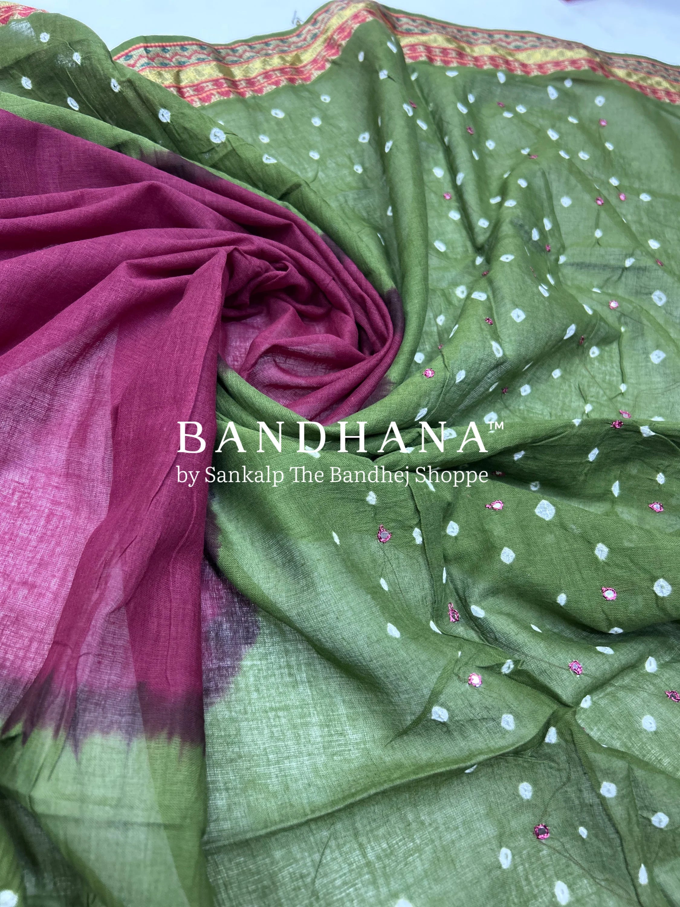 Mehendi Green-Maroon Cotton Fancy Work Bandhani Dress Material green / Cotton Dresses