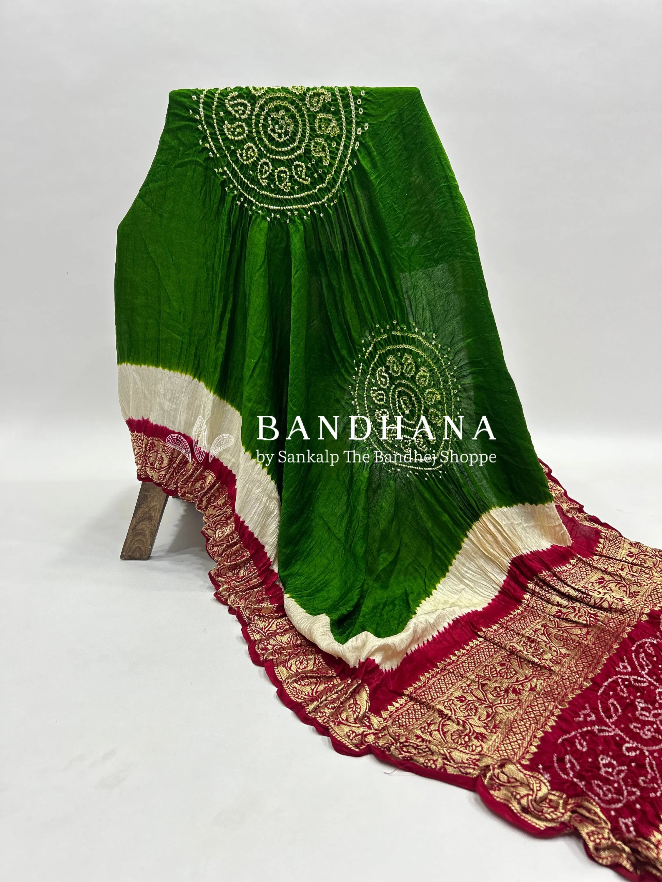 Mehendi-Maroon Gajji Silk Designer Gala Dupatta With 3 Colour Dying green / Gajji Silk Dupattas