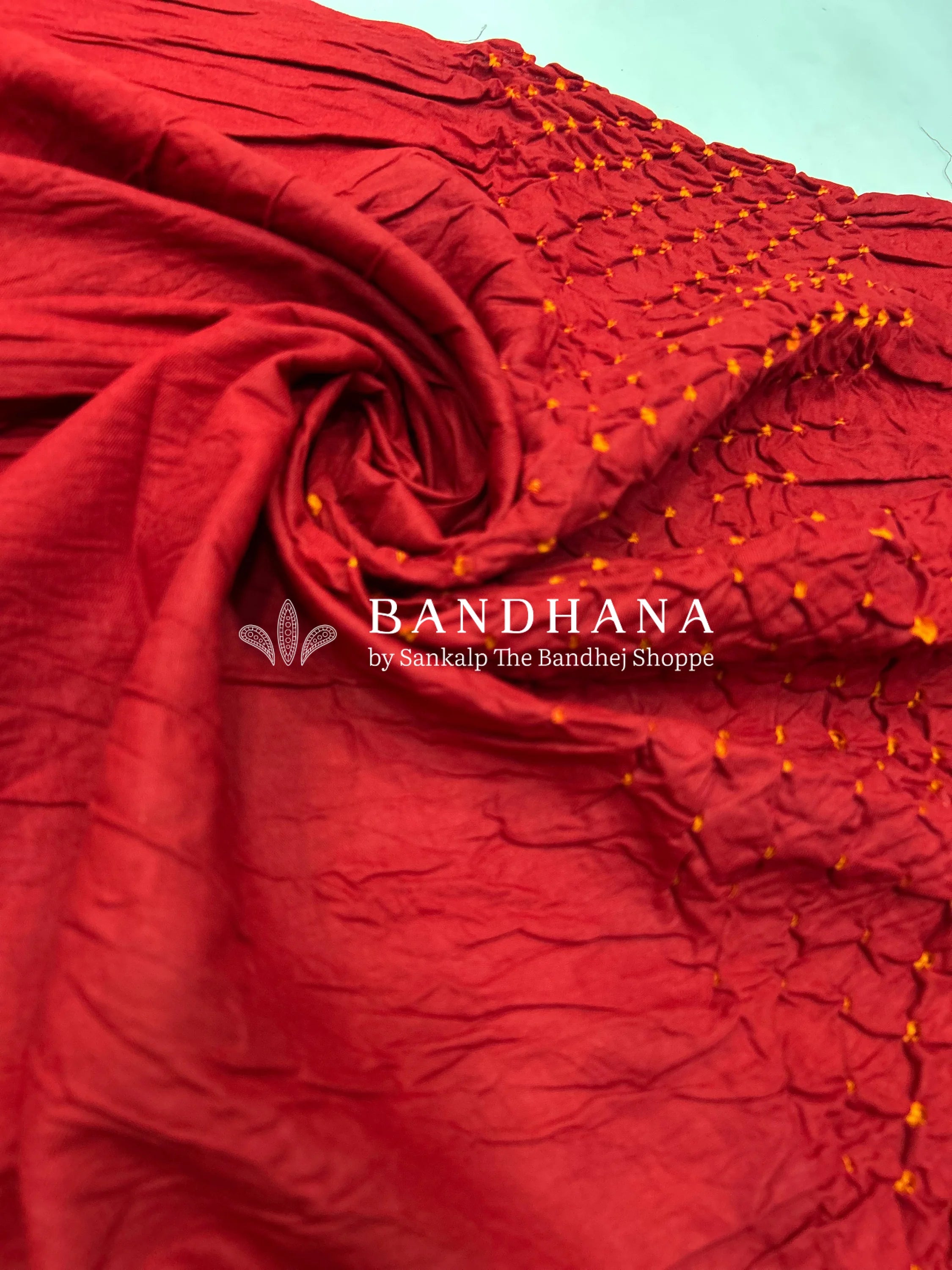 Mehendi-Red Cotton Pandadi Bandhani Dress Material Red / Cotton Dresses
