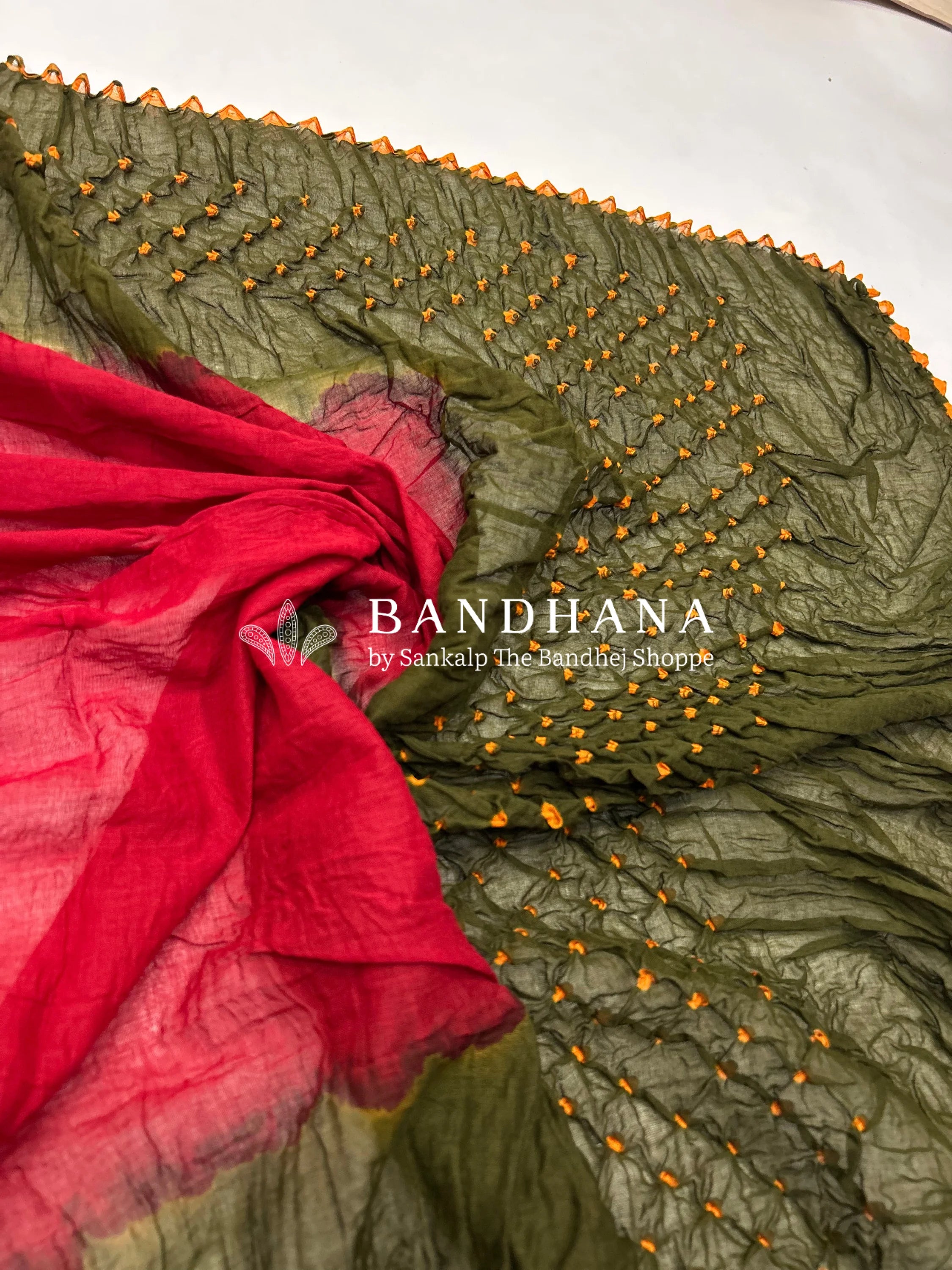 Mehendi-Red Cotton Pandadi Bandhani Dress Material Red / Cotton Dresses