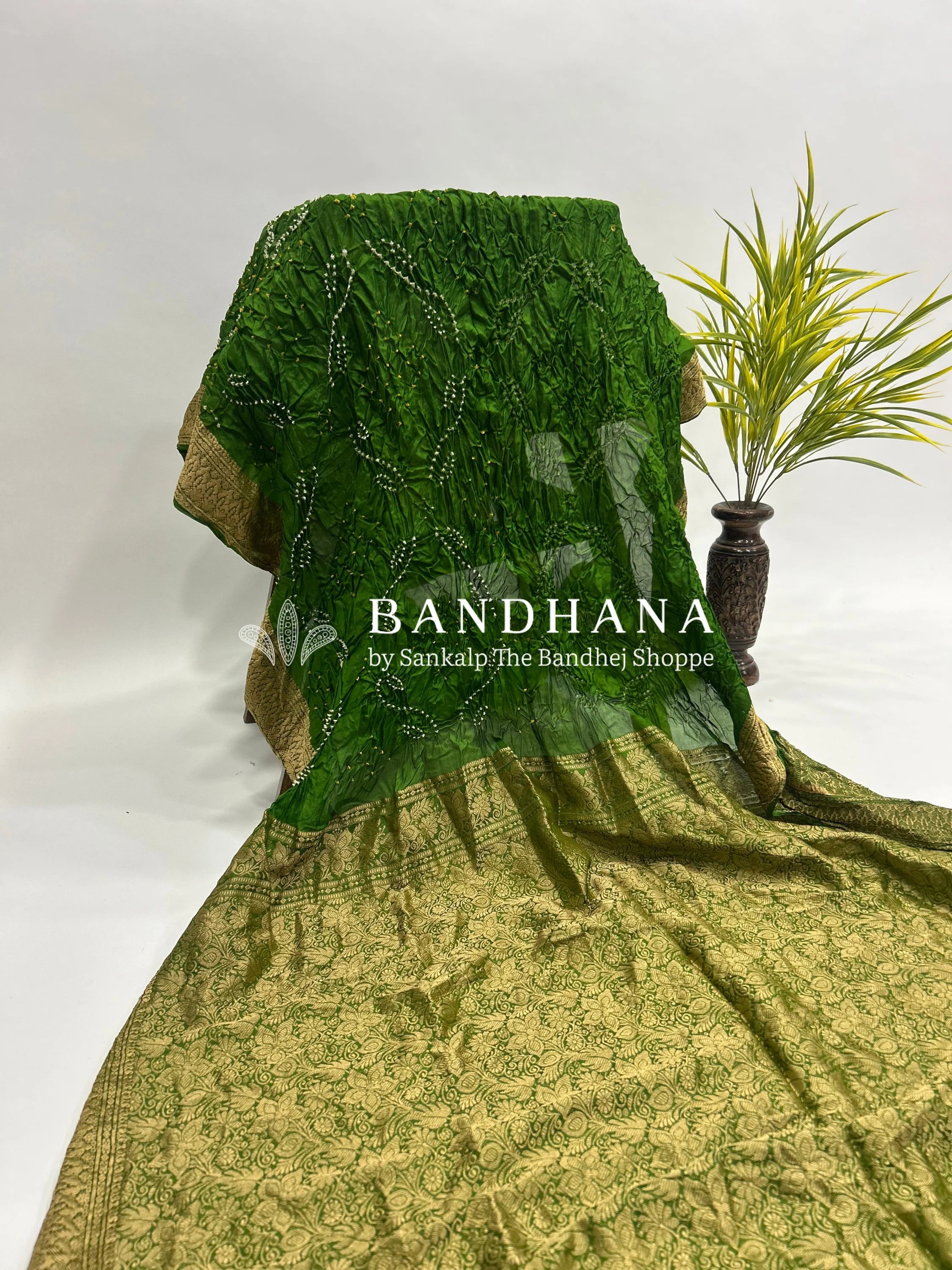 Mehndi Green Soft Silk Resham Palav Bandhani Saree green / Soft Silk Sarees