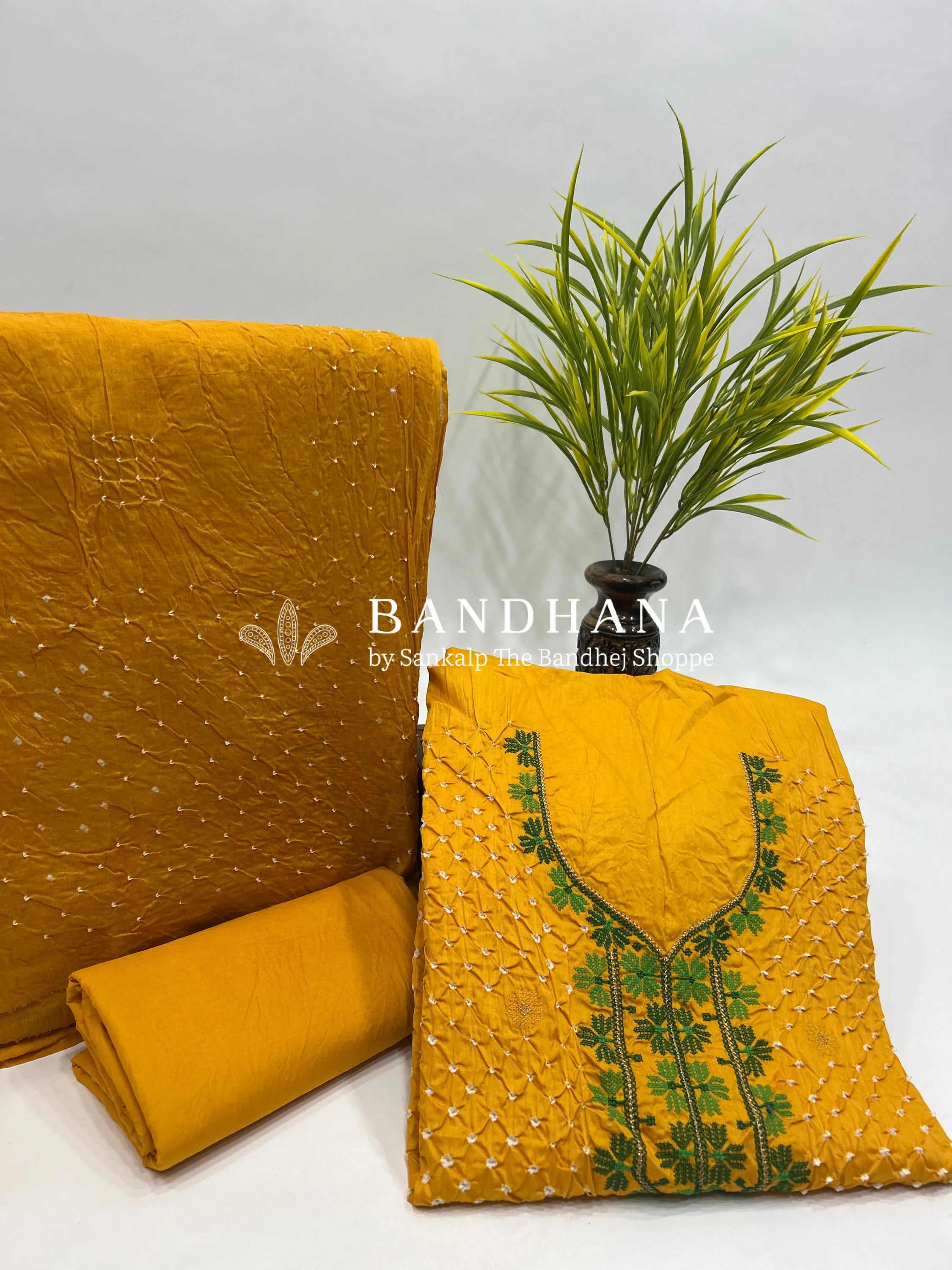 Mustard Cotton Work Bandhani Dress Material (Unstitched) yellow / Cotton Dresses