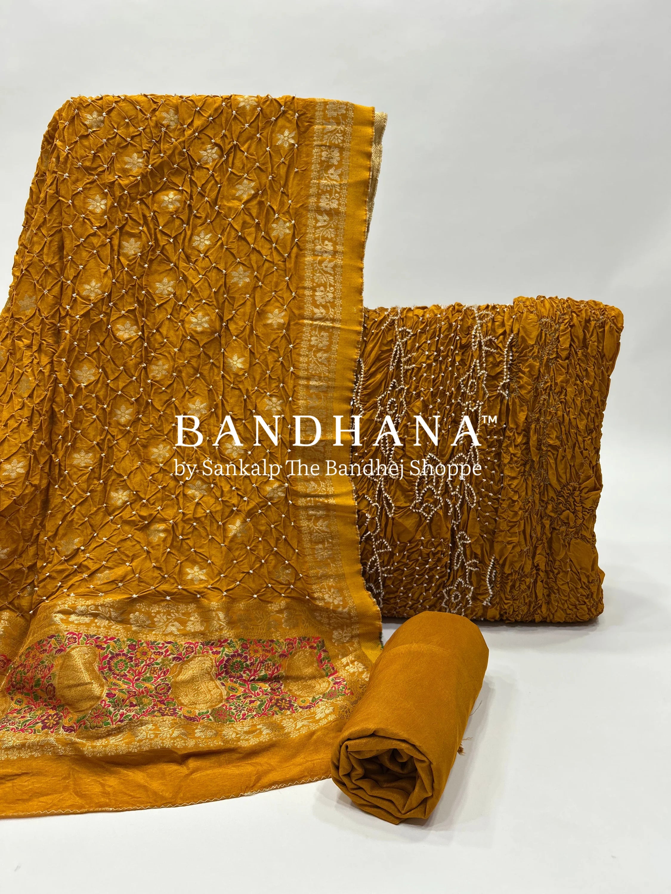 Mustard Dola Silk Bandhani Dress Material orange / Dola Silk Dresses