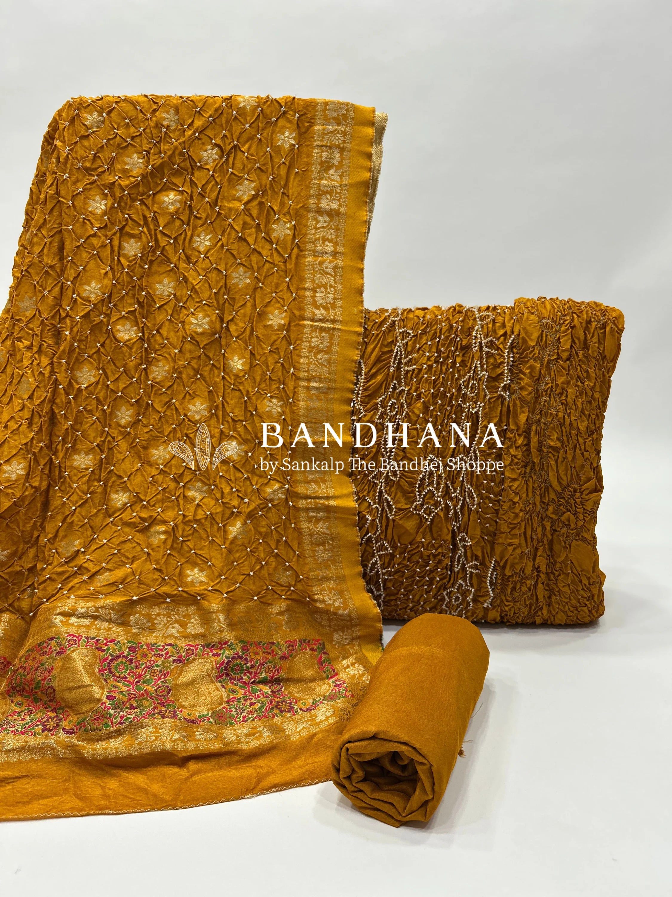 Mustard Dola Silk Bandhani Dress Material orange / Dola Silk Dresses