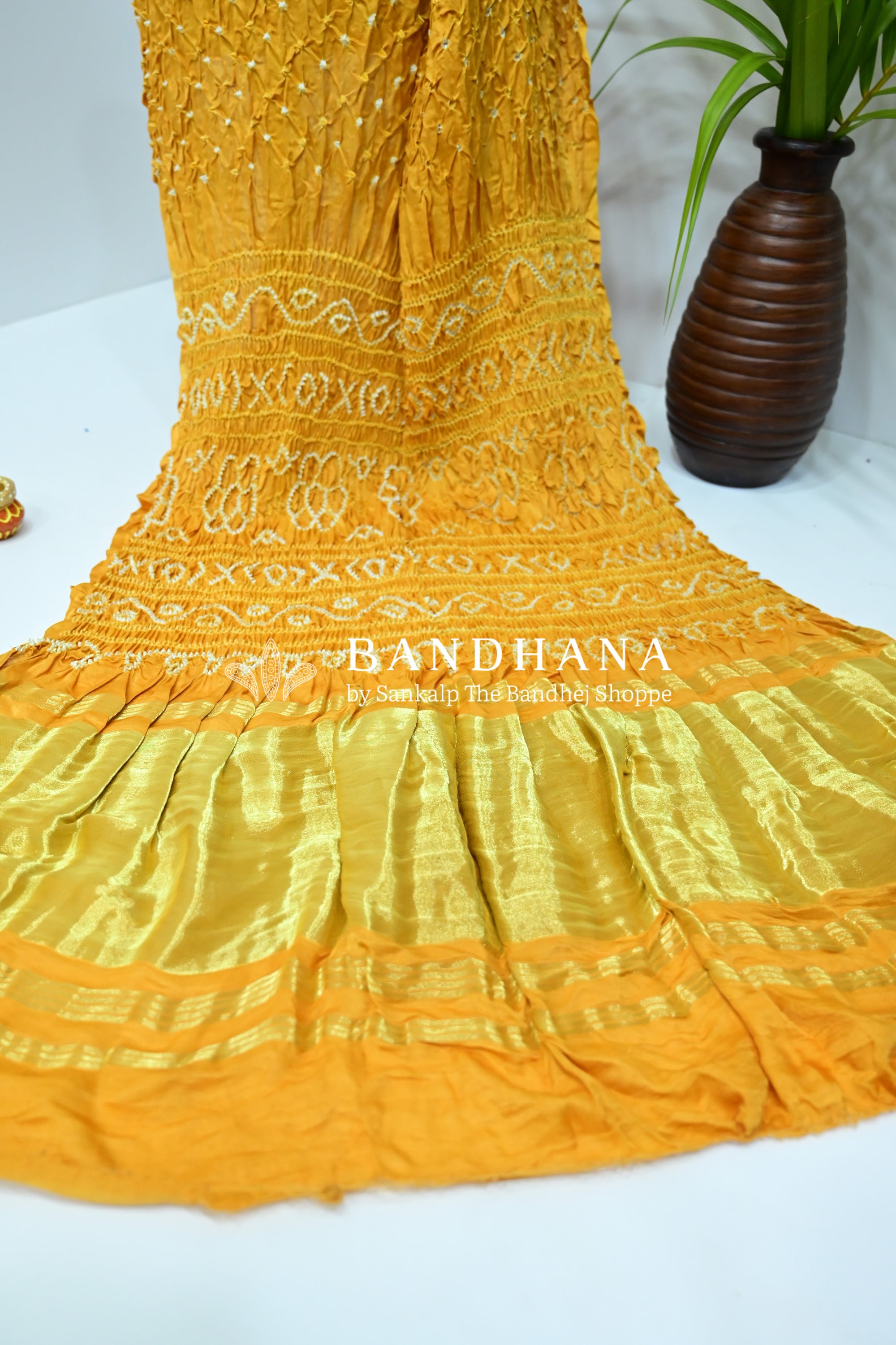 Mustard Gajji Silk Single Dot Bandhani Saree Sarees