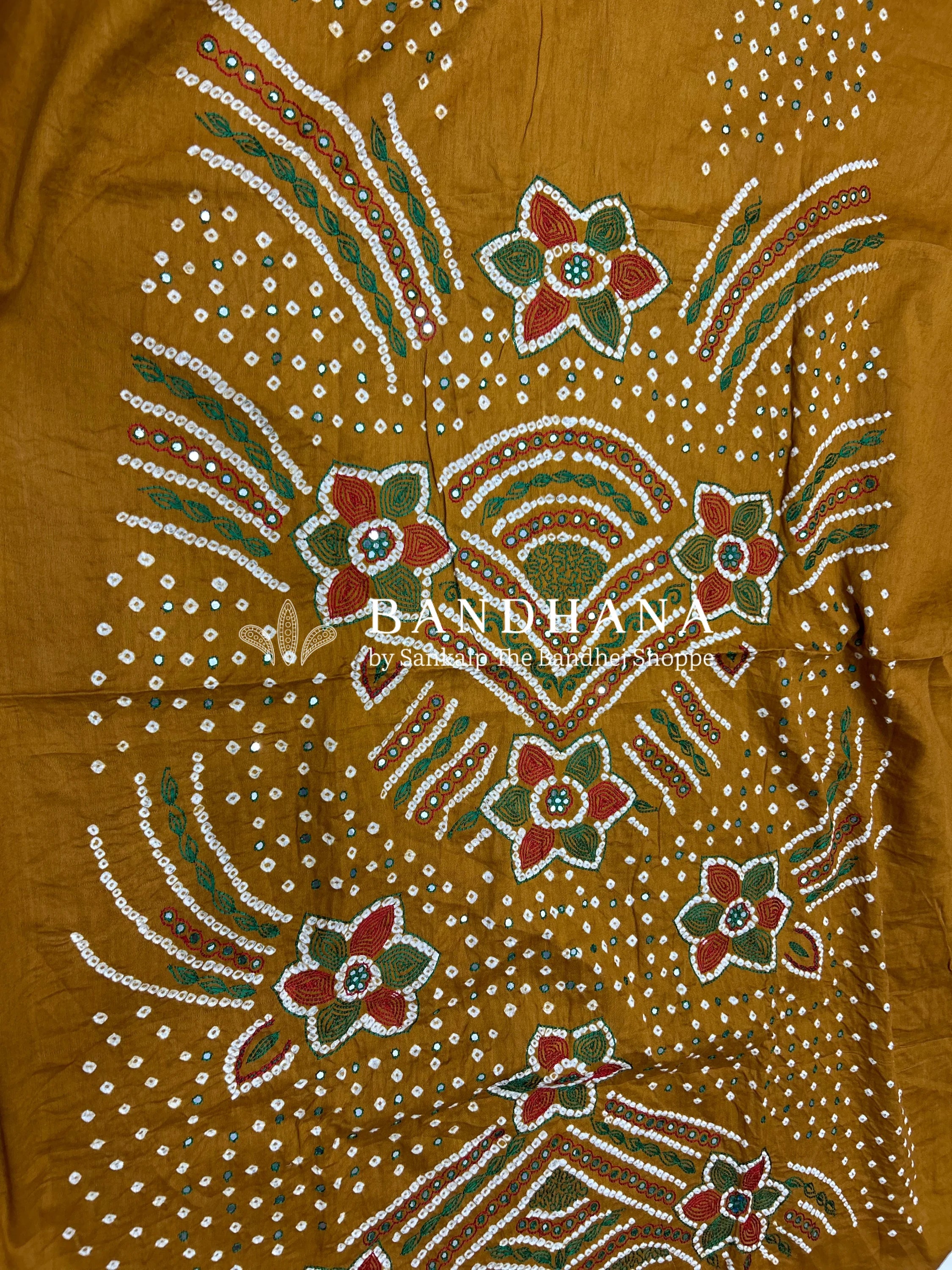 Mustard-Green Cotton Fancy Work Bandhani Dress Material darkorange / Cotton Dresses