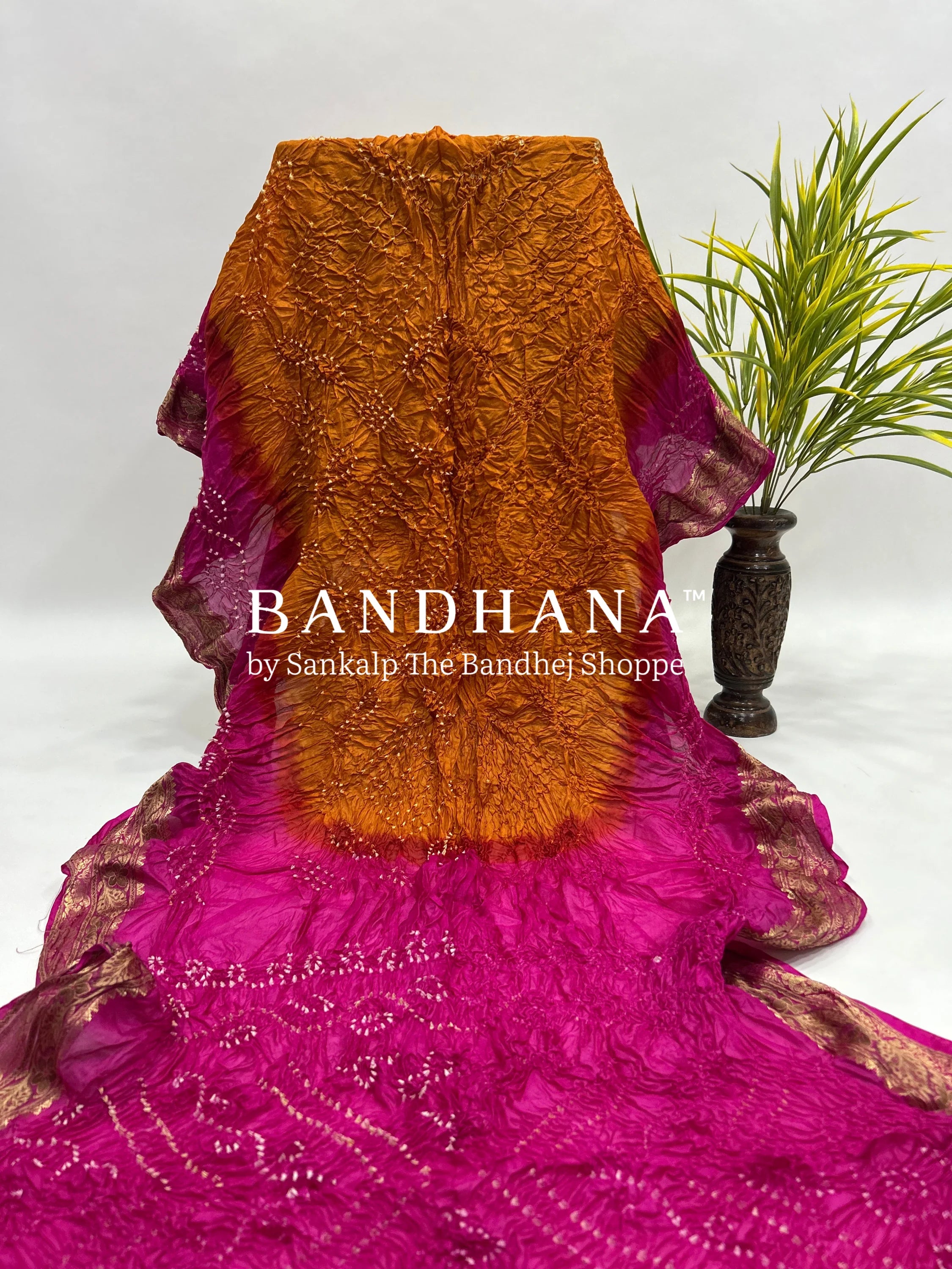Mustard & Magenta Soft Silk Resham Palav Bandhani Saree magenta / Soft Silk Sarees
