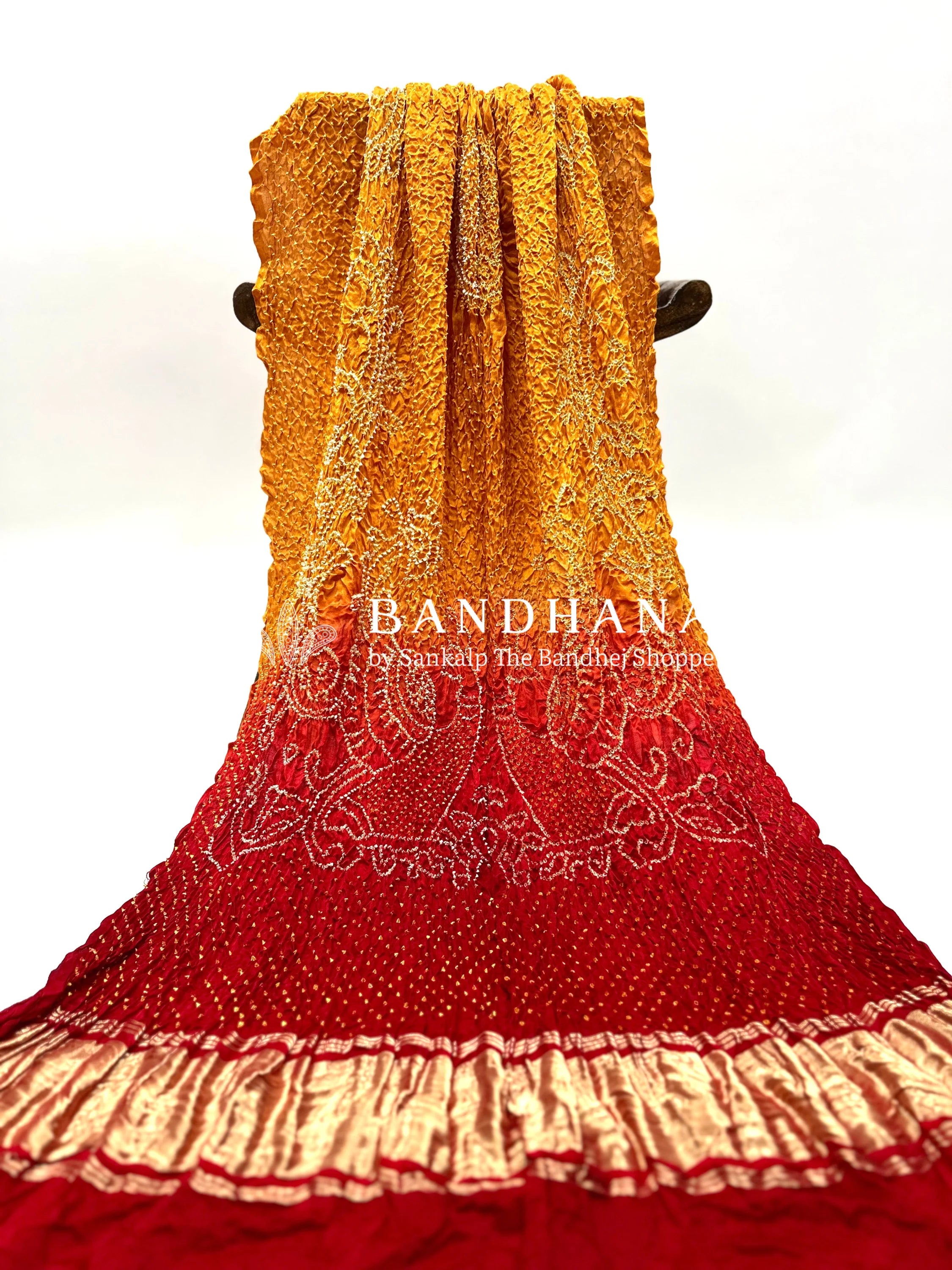 Mustard-Maroon Gaji Silk Mor Pankh Bandhani Dupatta orange / Gajji Silk Dupattas