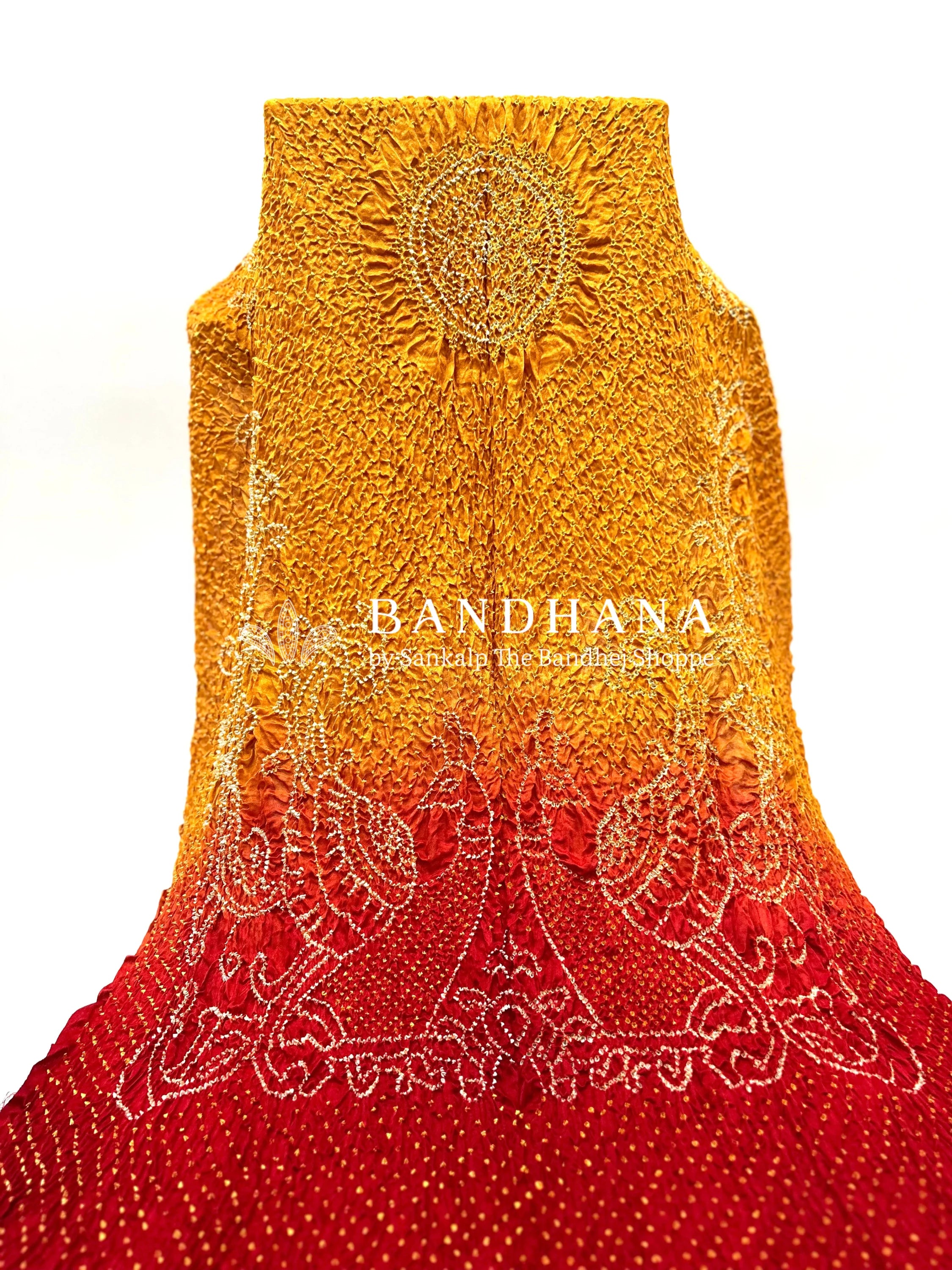 Mustard-Maroon Gaji Silk Mor Pankh Bandhani Dupatta orange / Gajji Silk Dupattas