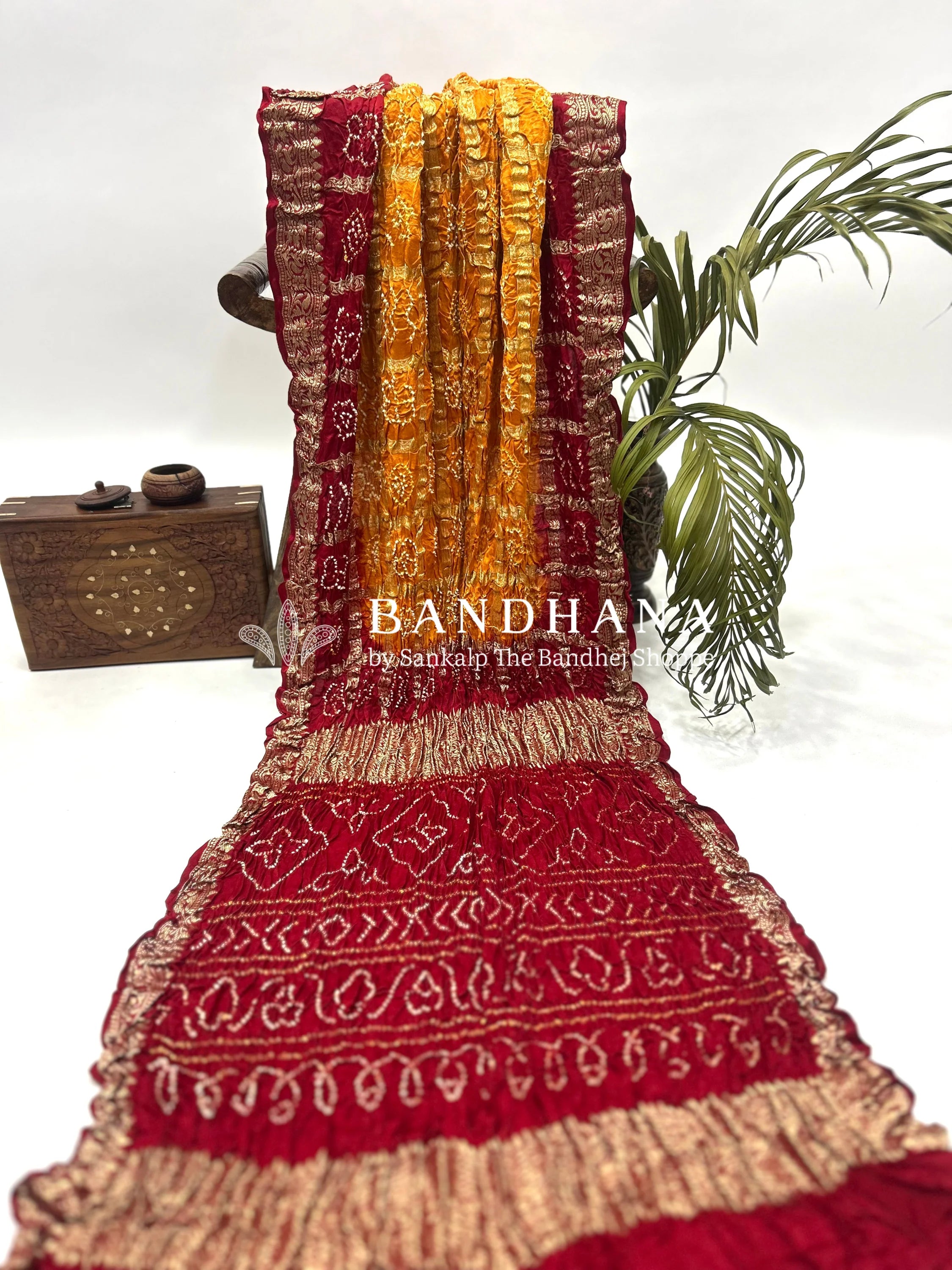 Mustard Marron Gajji Nakshi Gharchola Bandhani Saree Sarees