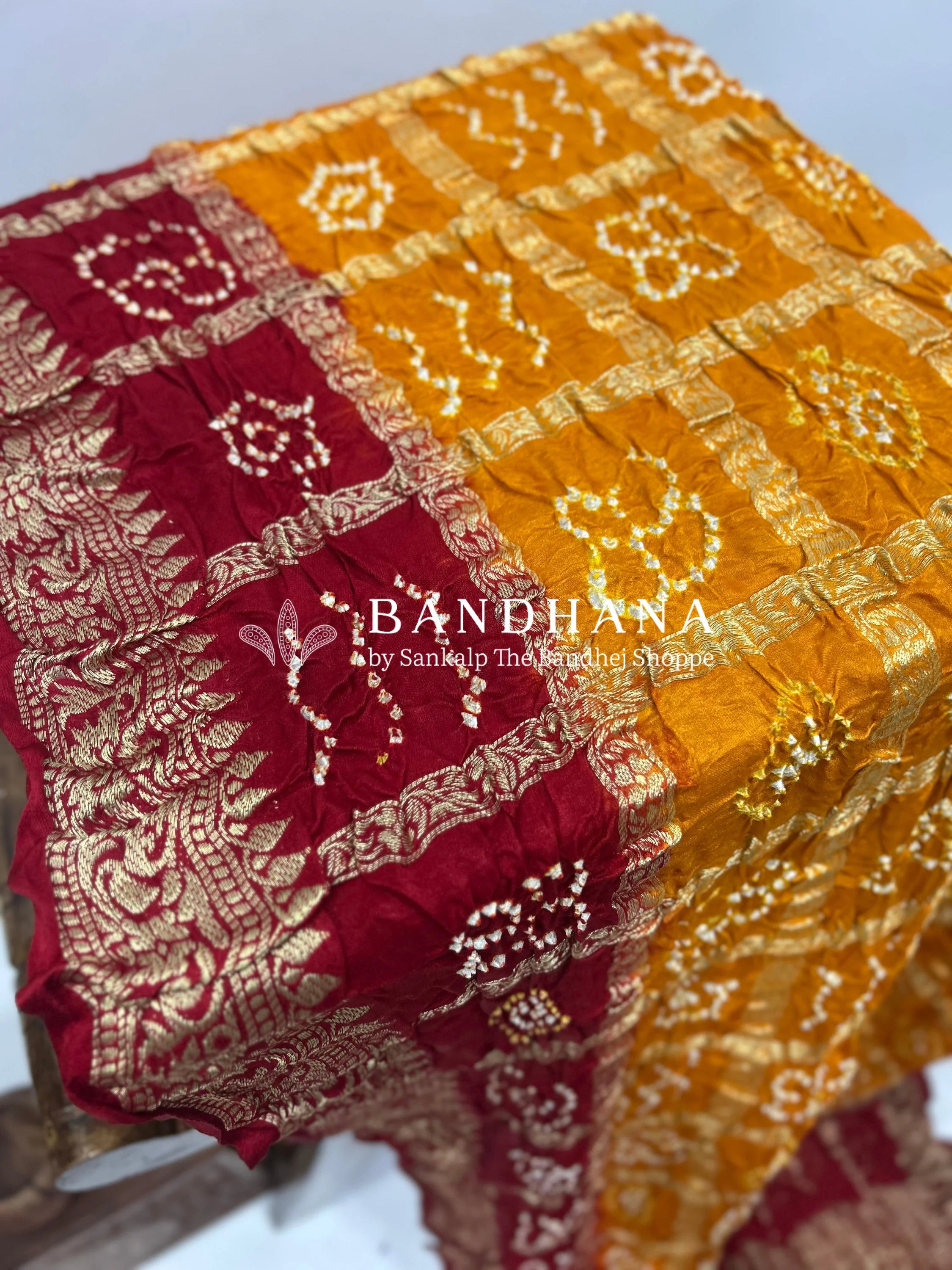 Mustard Marron Gajji Nakshi Gharchola Bandhani Saree Sarees