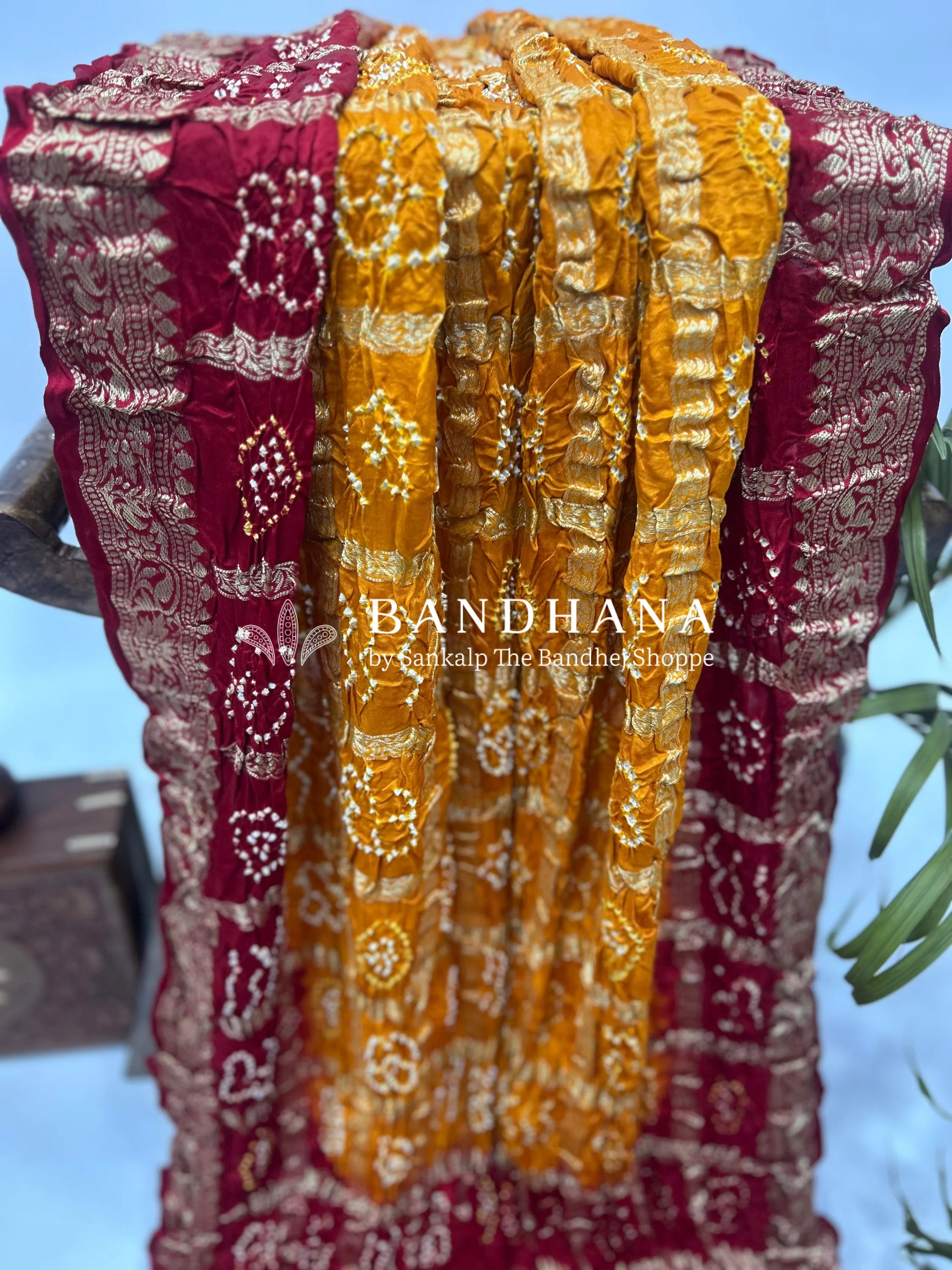 Mustard Marron Gajji Nakshi Gharchola Bandhani Saree Sarees