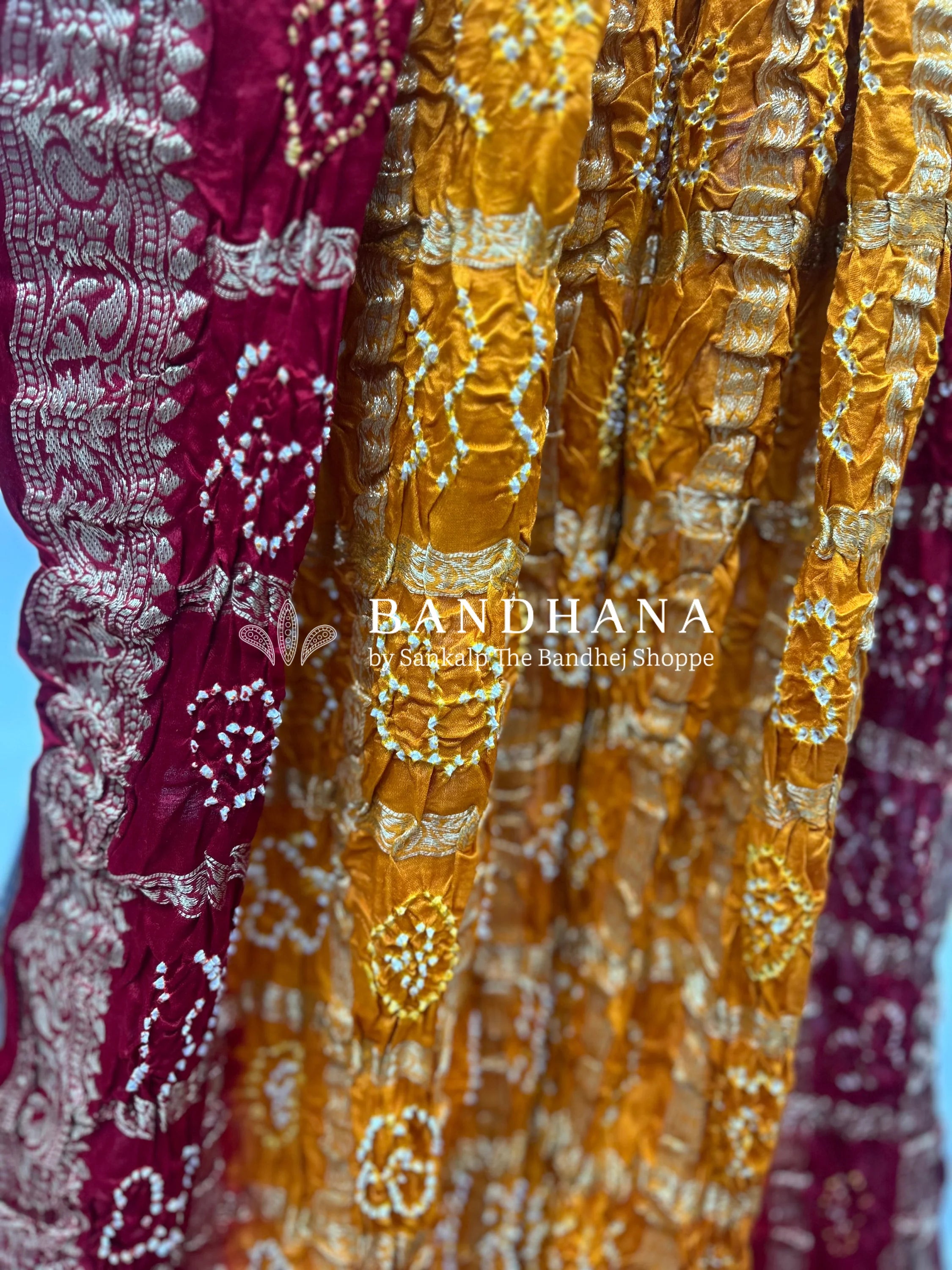 Mustard Marron Gajji Nakshi Gharchola Bandhani Saree Sarees