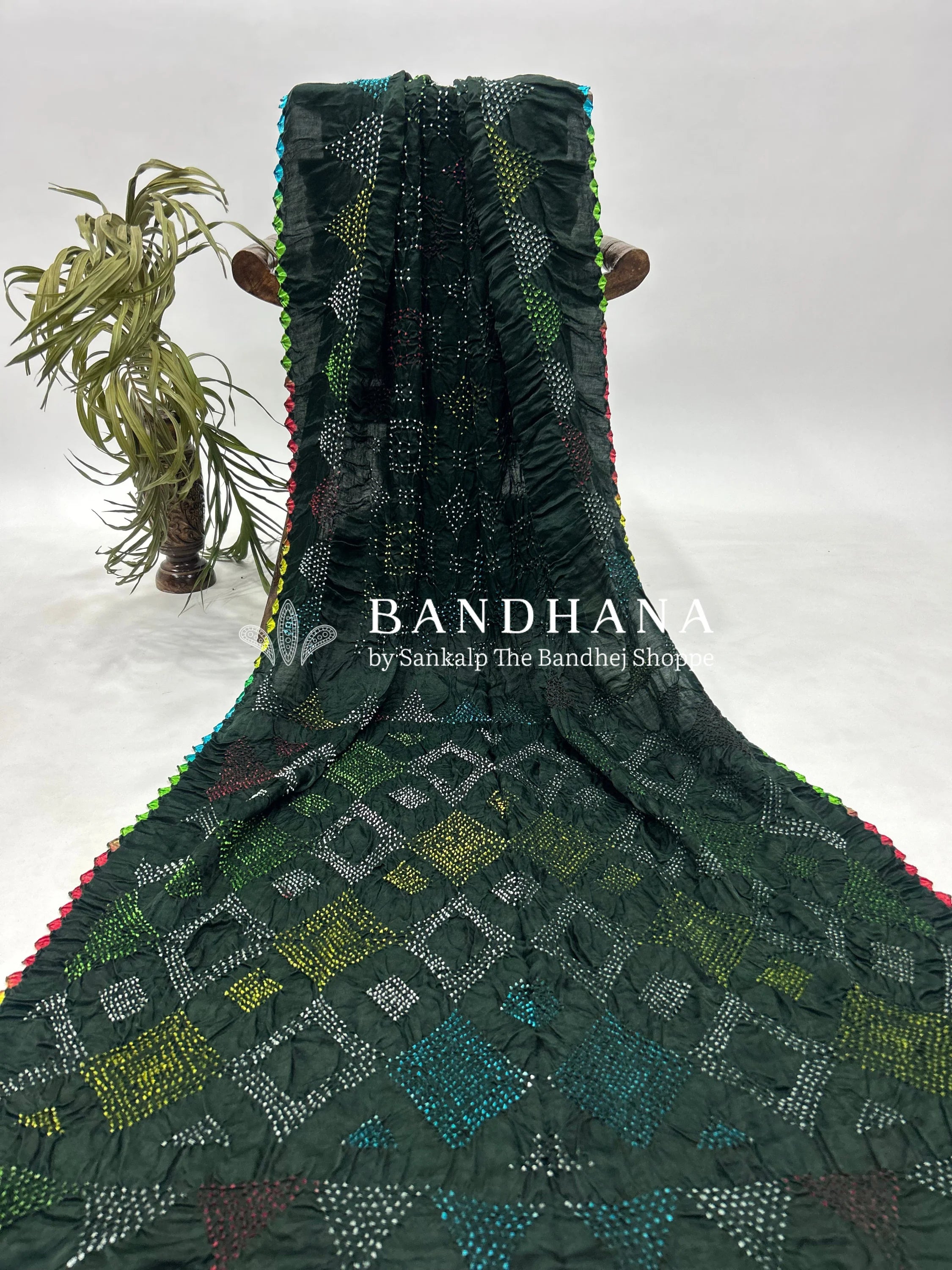 Mutli Dark Green Gajji Silk Bhati Designer Bandhani Saree Sarees