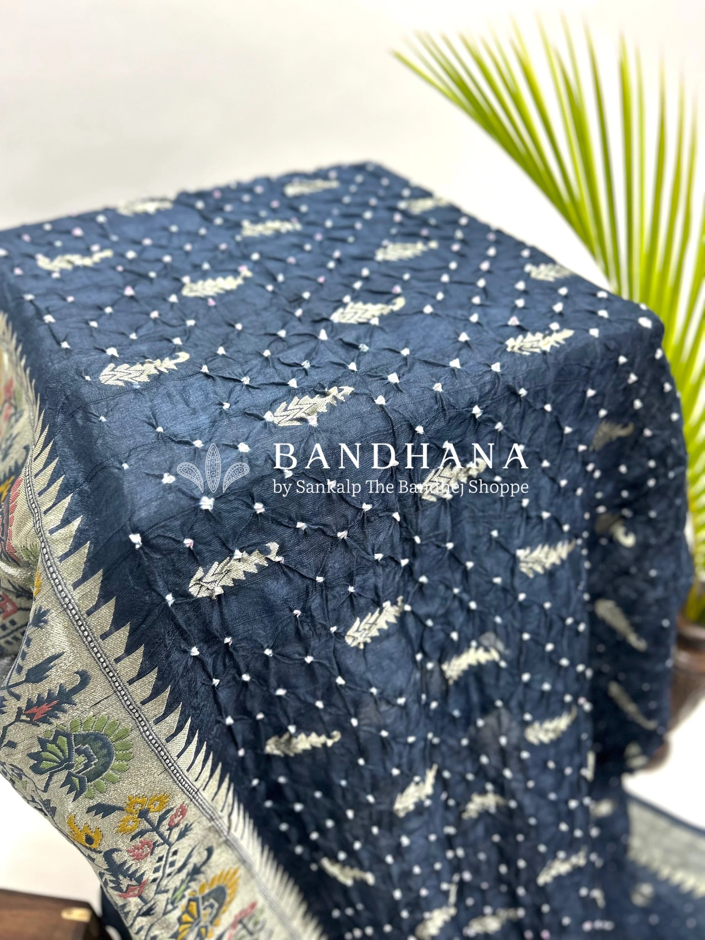 Navy Blue Art Tussar Silk Bandhani Saree Sarees