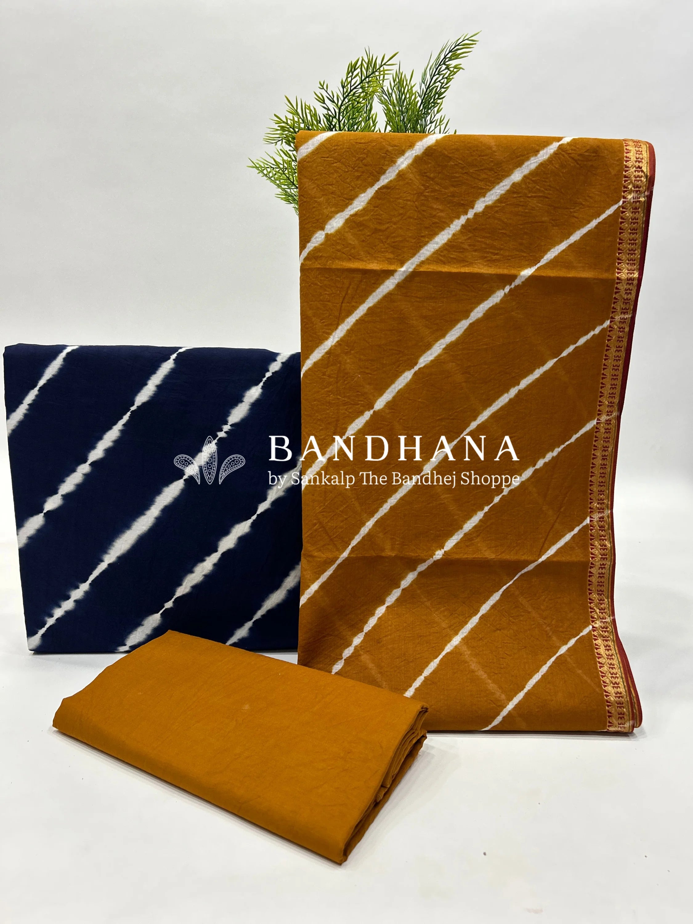 Navy Blue-Mustard Cotton Laheriya Dress Material darkgoldenrod / Cotton Dresses