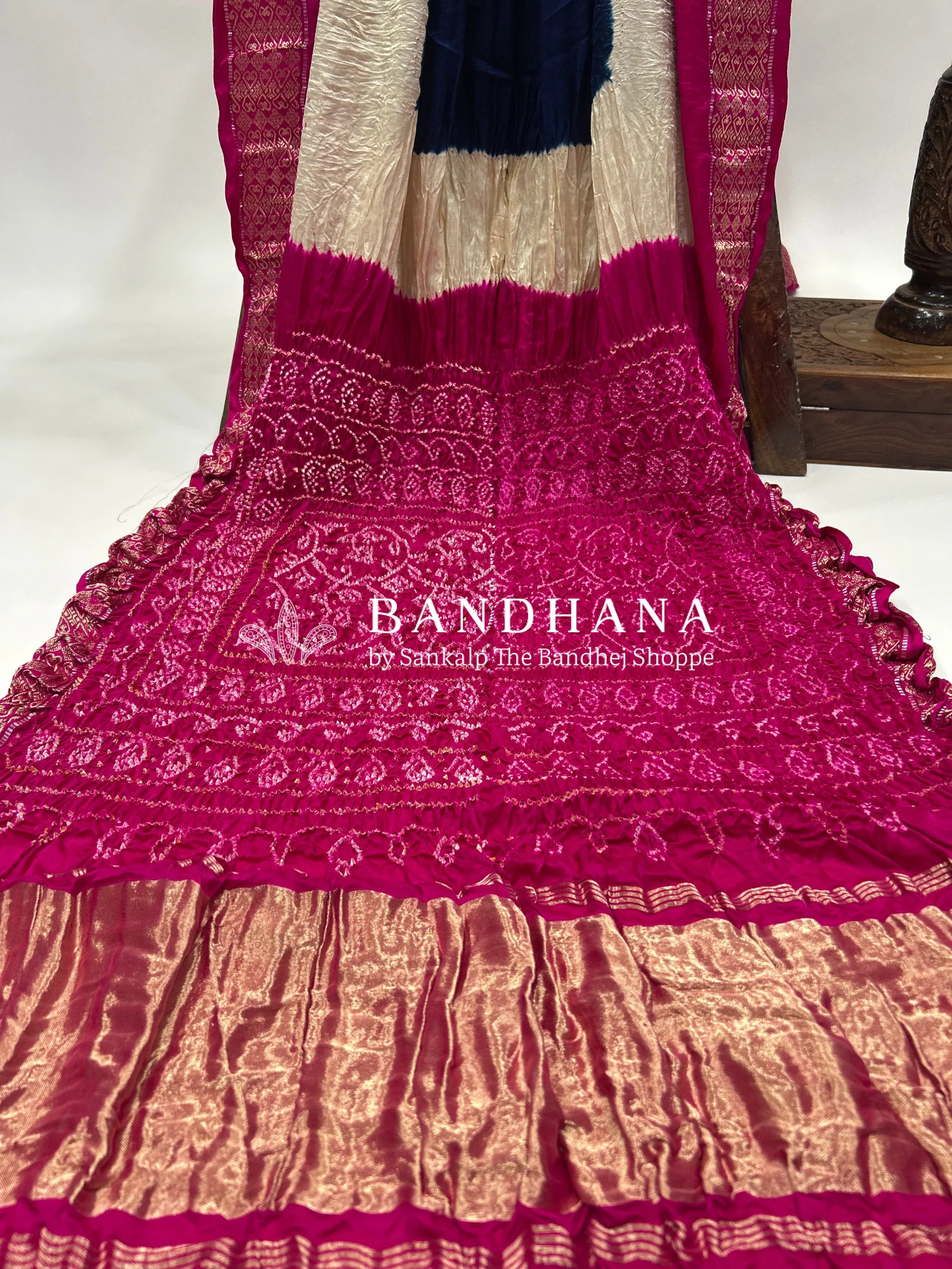 Navy Blue-Rani Gajji Silk Designer Gala Saree with 3 Colour Dying mediumvioletred / Gajji Silk Sarees