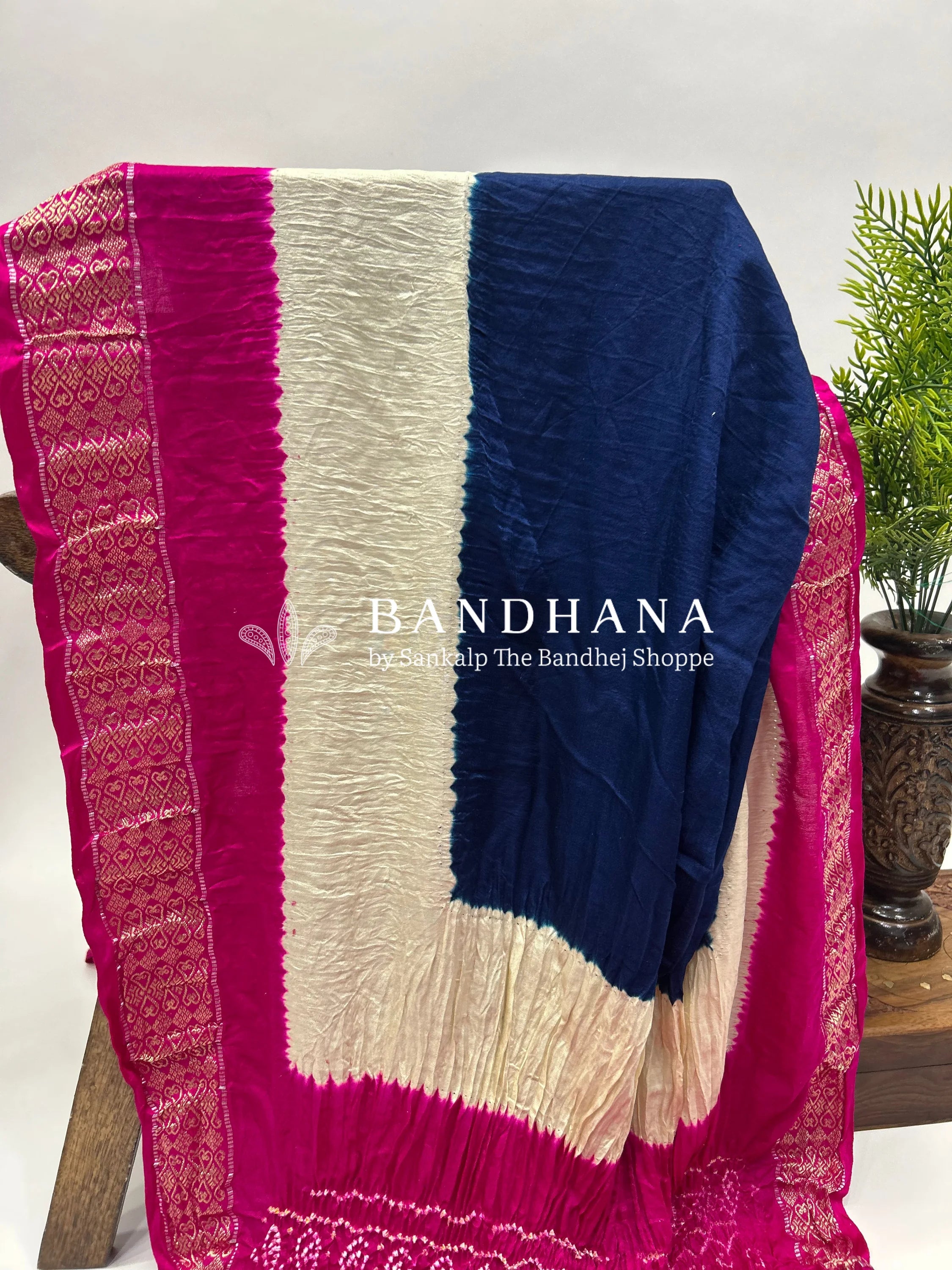 Navy Blue-Rani Gajji Silk Designer Gala Saree with 3 Colour Dying mediumvioletred / Gajji Silk Sarees