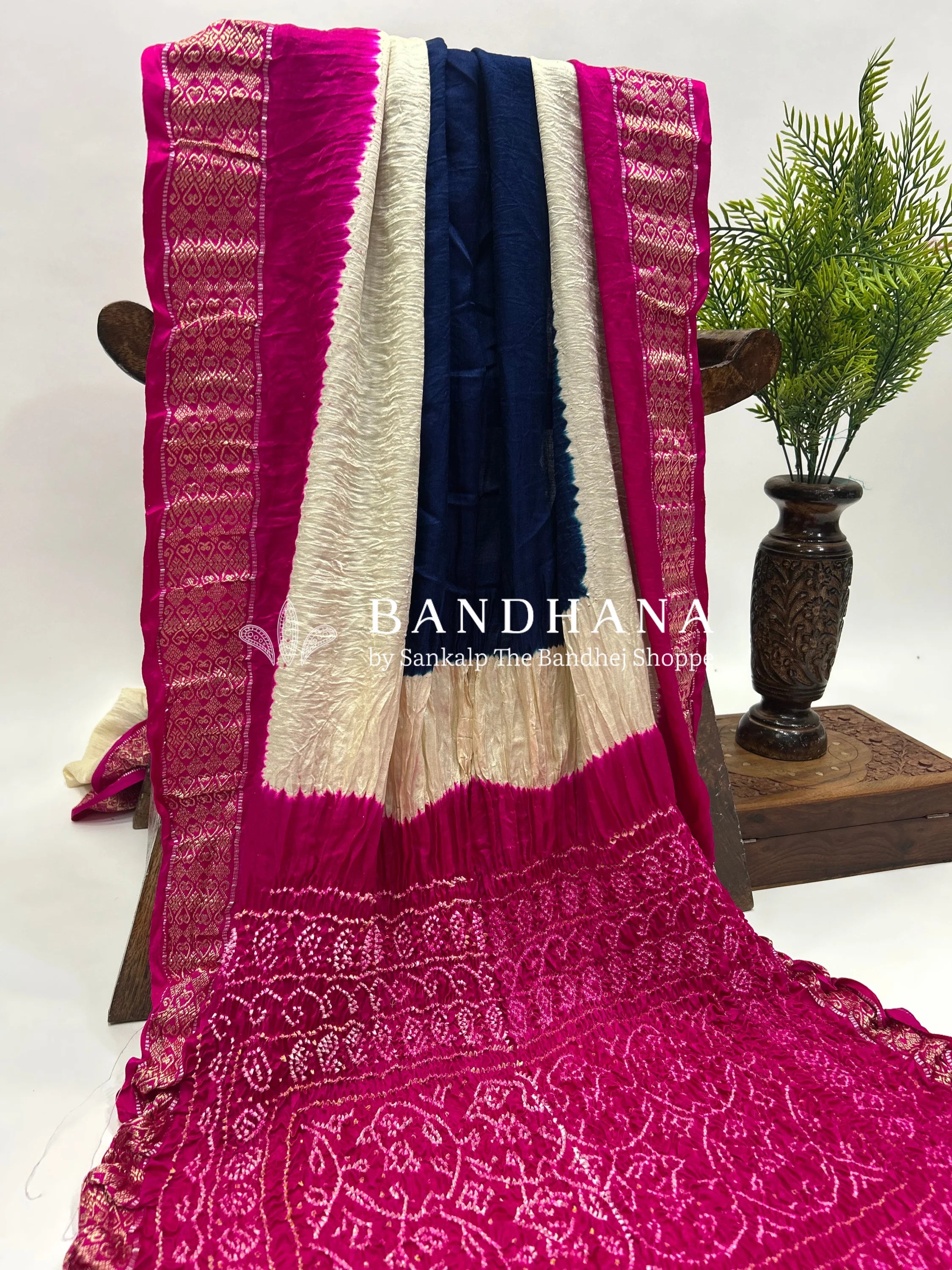 Navy Blue-Rani Gajji Silk Designer Gala Saree with 3 Colour Dying mediumvioletred / Gajji Silk Sarees