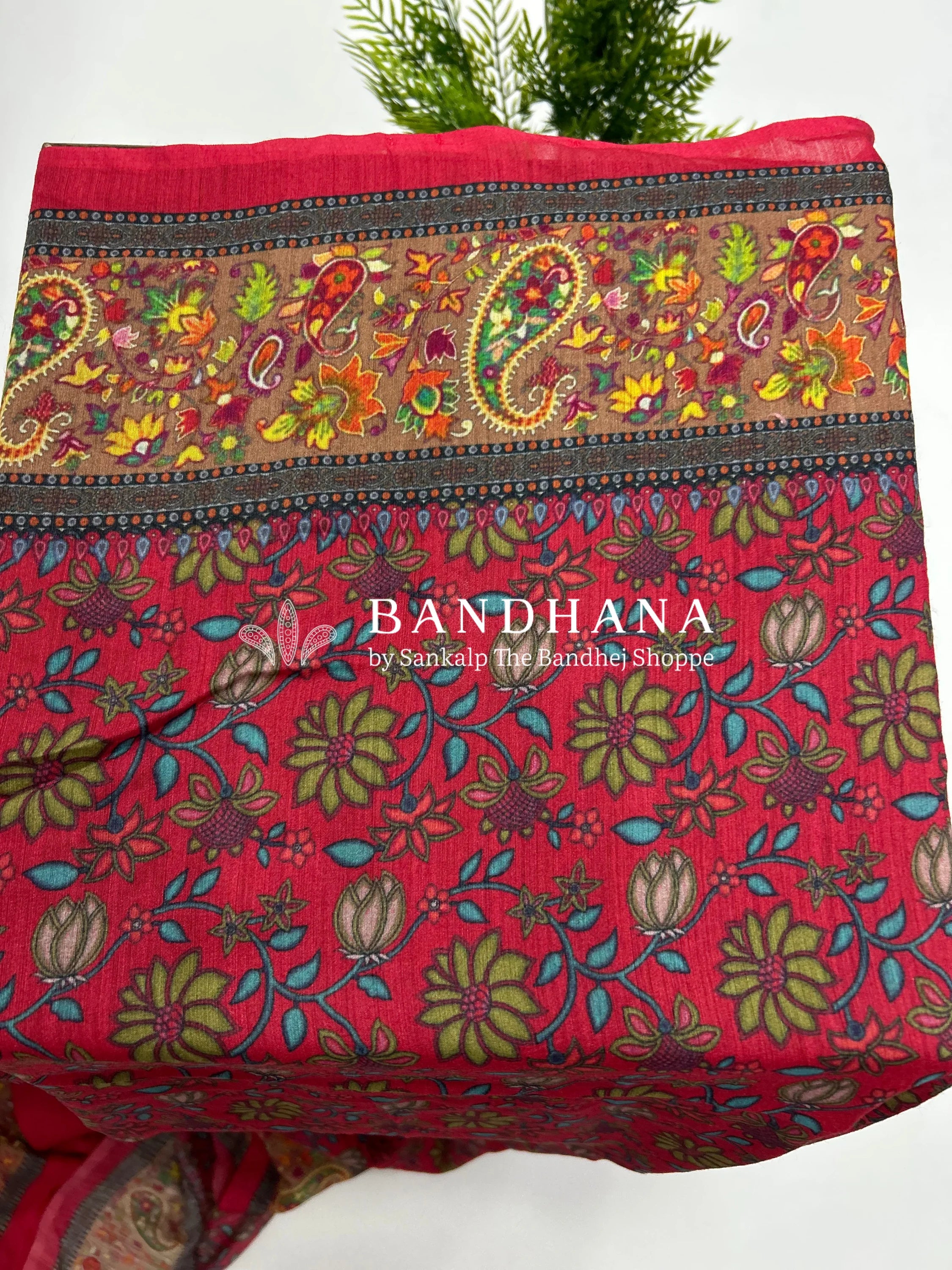 Navy Blue-Red Muga Silk Digital Kashmiri Print Bandhani Saree red / Malai Silk Sarees