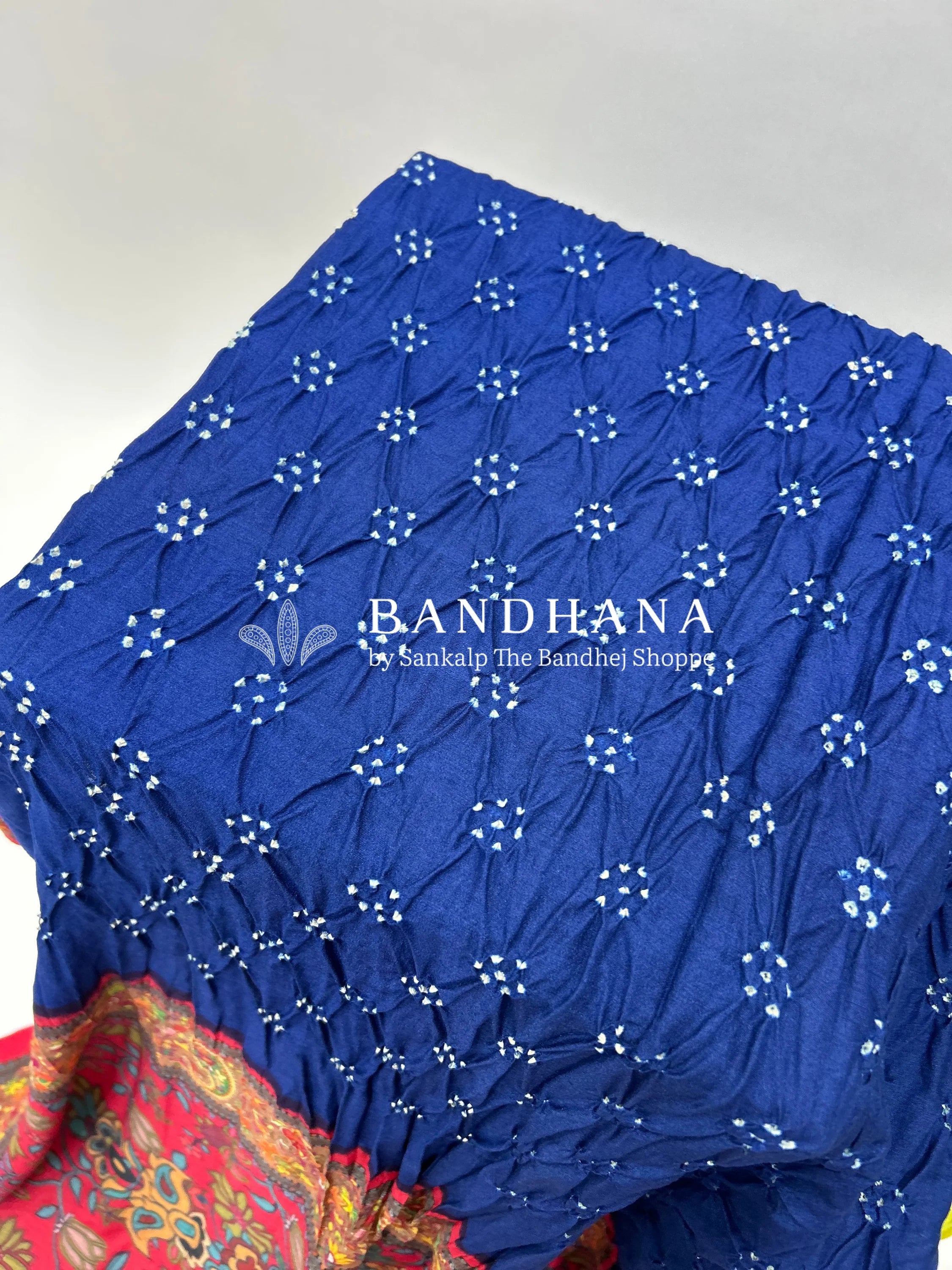 Navy Blue-Rust Muga Silk Digital Kashmiri Print Bandhani Saree navy / Muga Silk Sarees