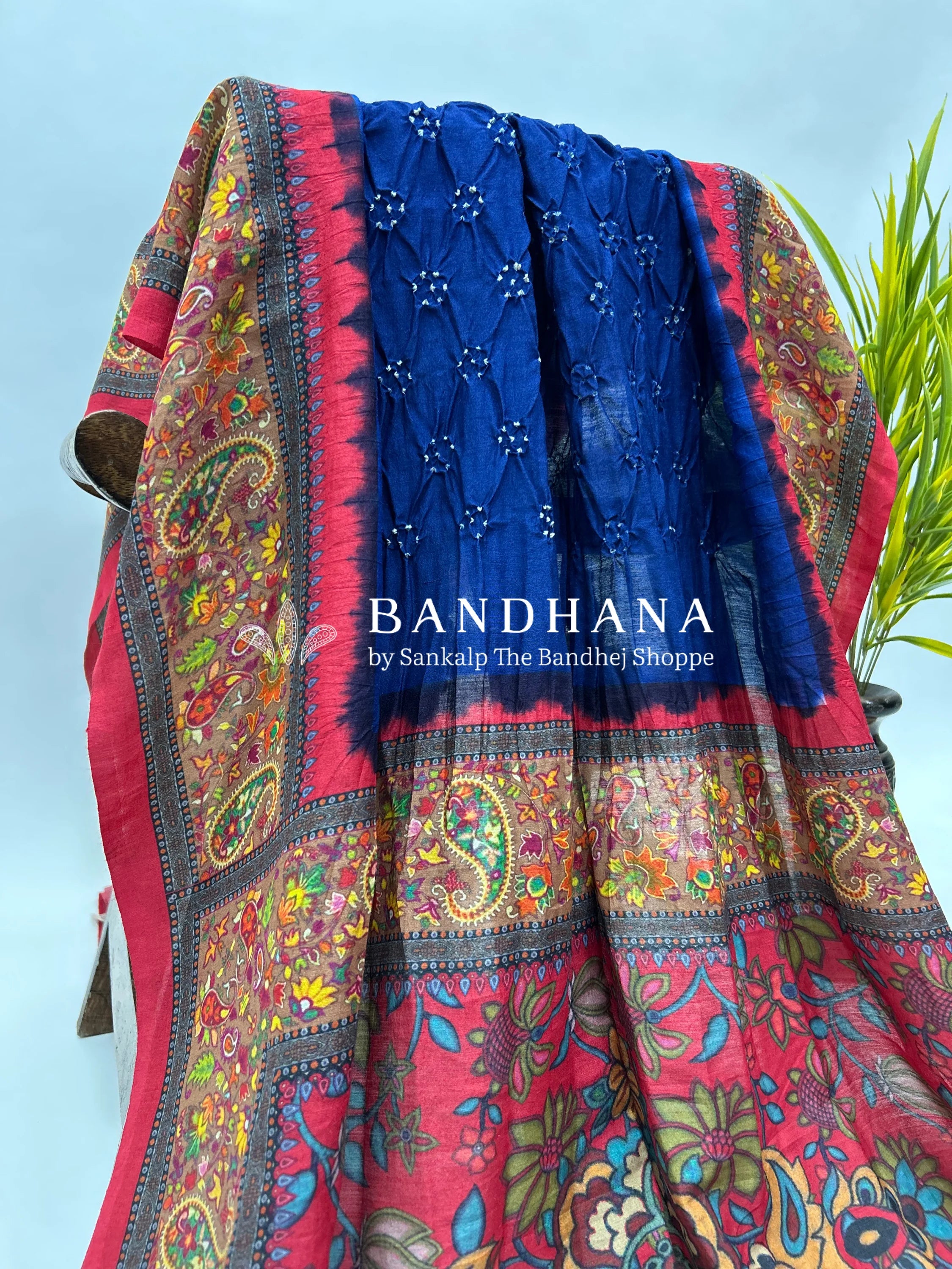 Navy Blue-Rust Muga Silk Digital Kashmiri Print Bandhani Saree navy / Muga Silk Sarees