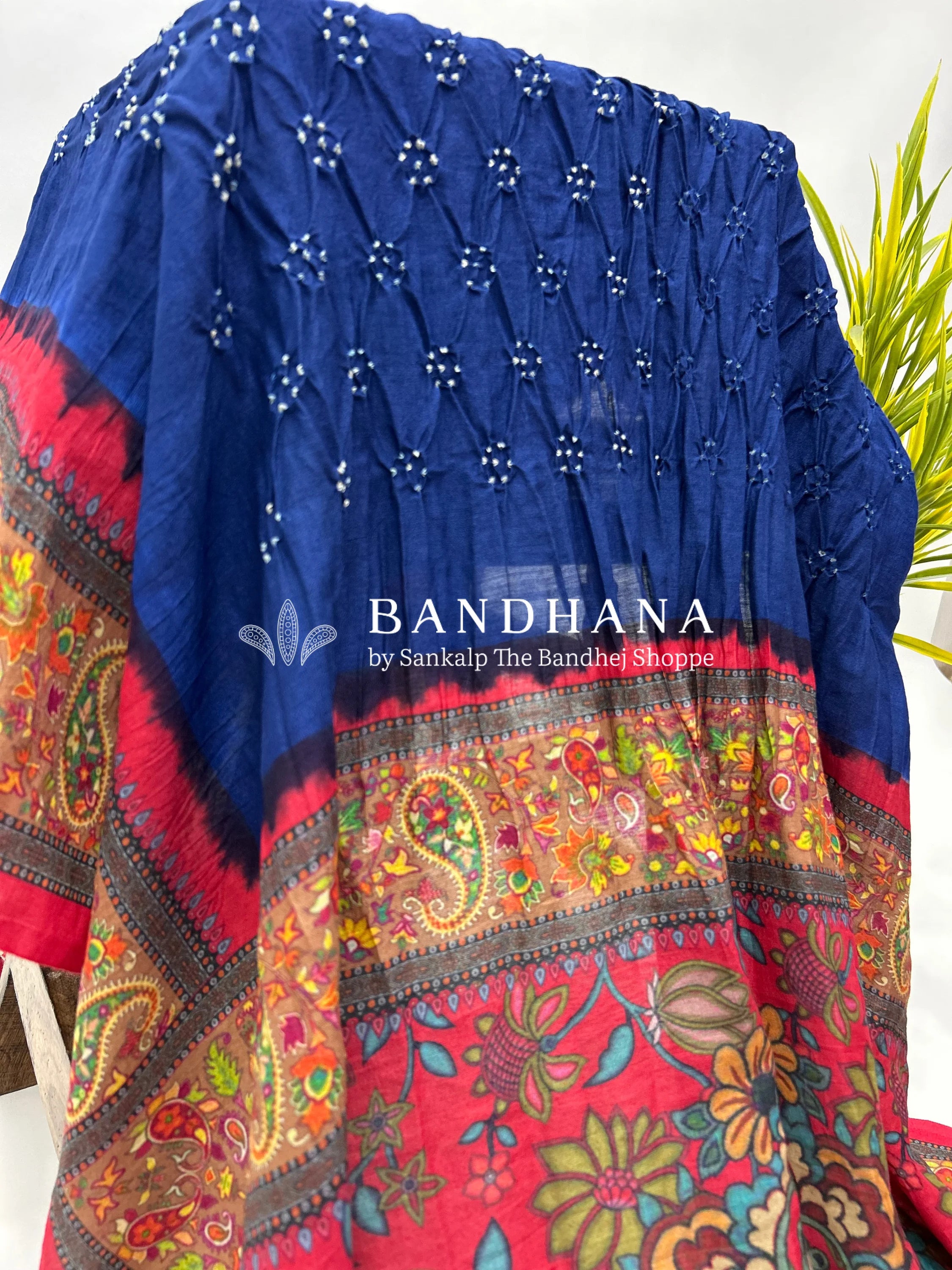 Navy Blue-Rust Muga Silk Digital Kashmiri Print Bandhani Saree navy / Muga Silk Sarees