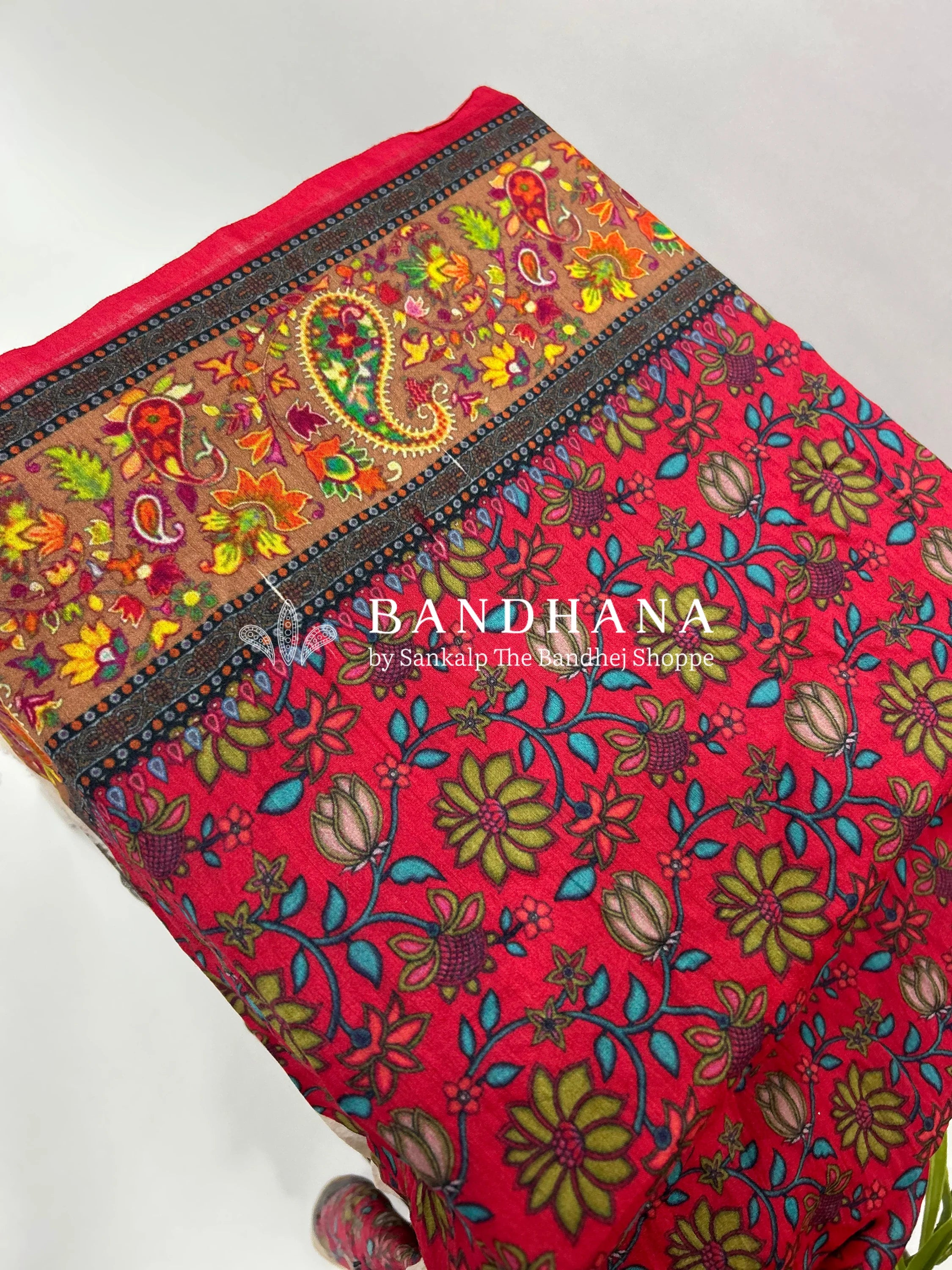 Navy Blue-Rust Muga Silk Digital Kashmiri Print Bandhani Saree navy / Muga Silk Sarees