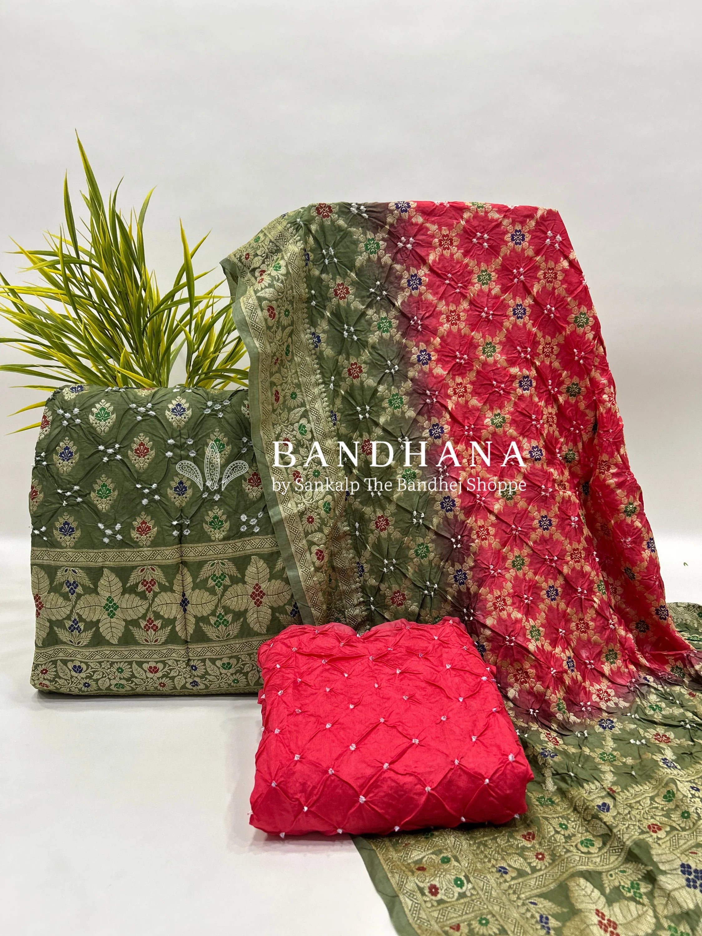 Olive & Gaajar Art Dupion Butta Bandhani Dress Material darkolivegreen / Art Silk Dresses