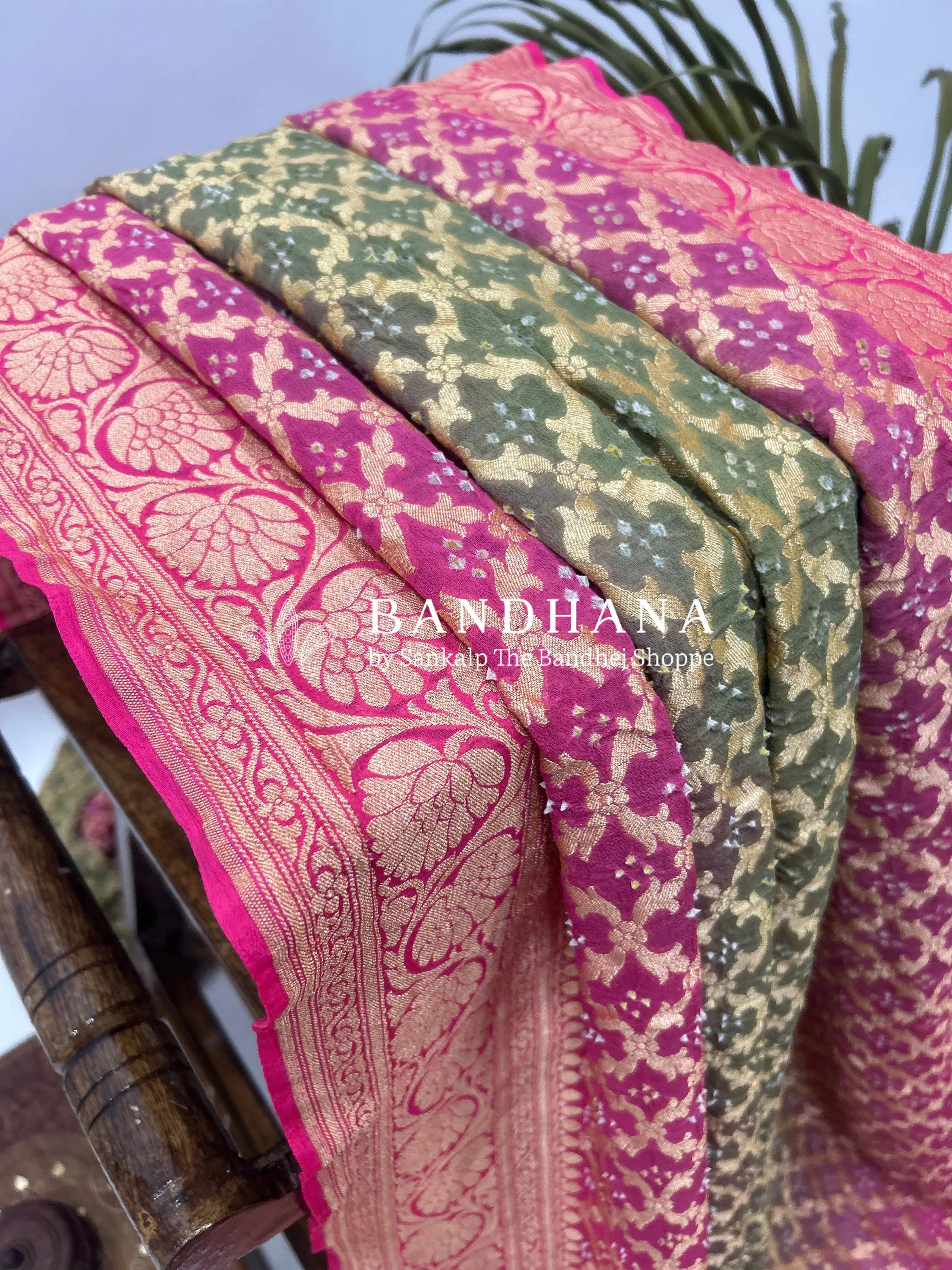 Olive Gajjri Georgette Jaal Bandhani Saree Sarees
