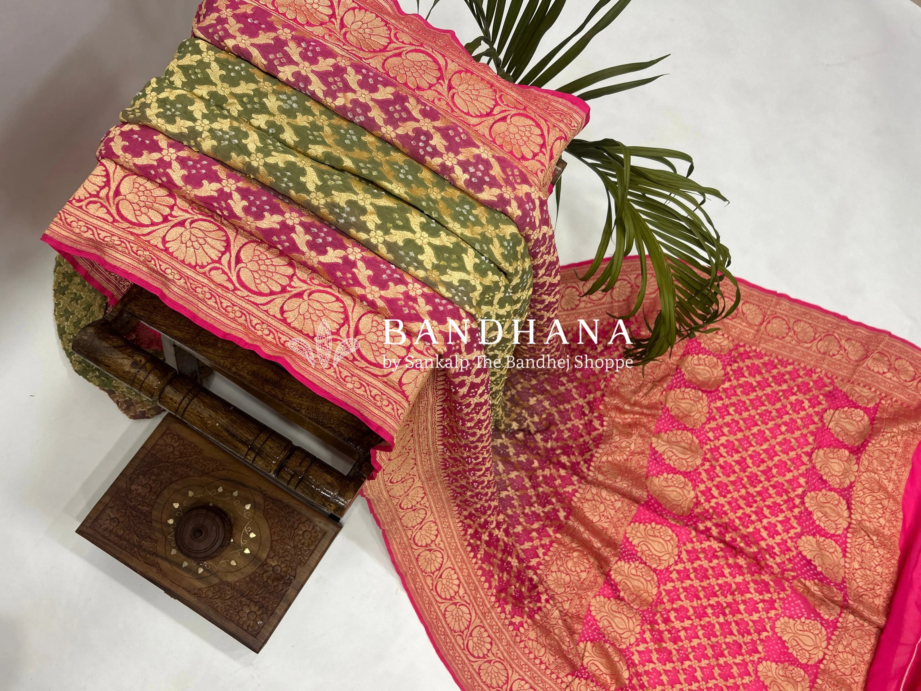 Olive Gajjri Georgette Jaal Bandhani Saree Sarees