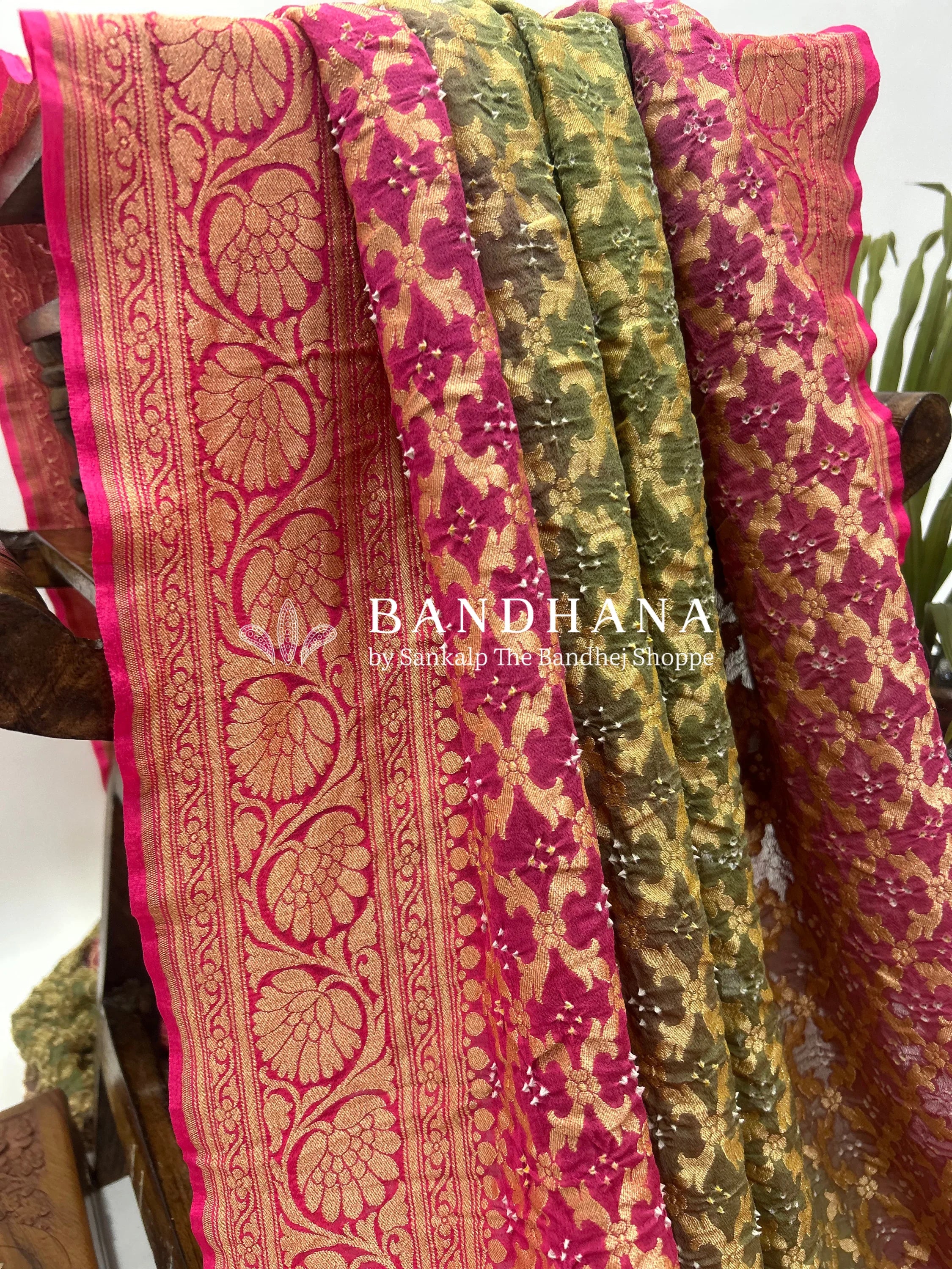Olive Gajjri Georgette Jaal Bandhani Saree Sarees