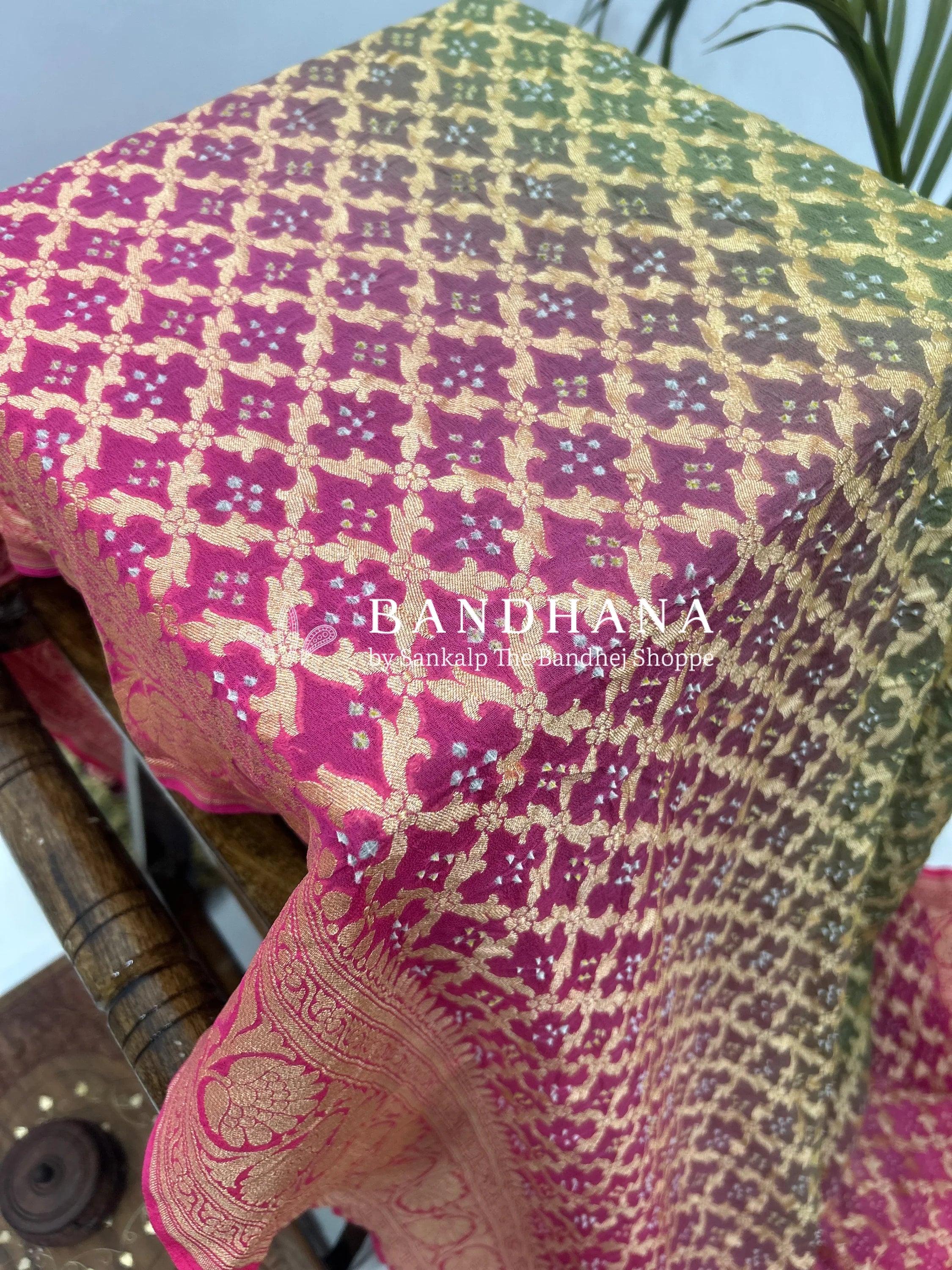 Olive Gajjri Georgette Jaal Bandhani Saree Sarees