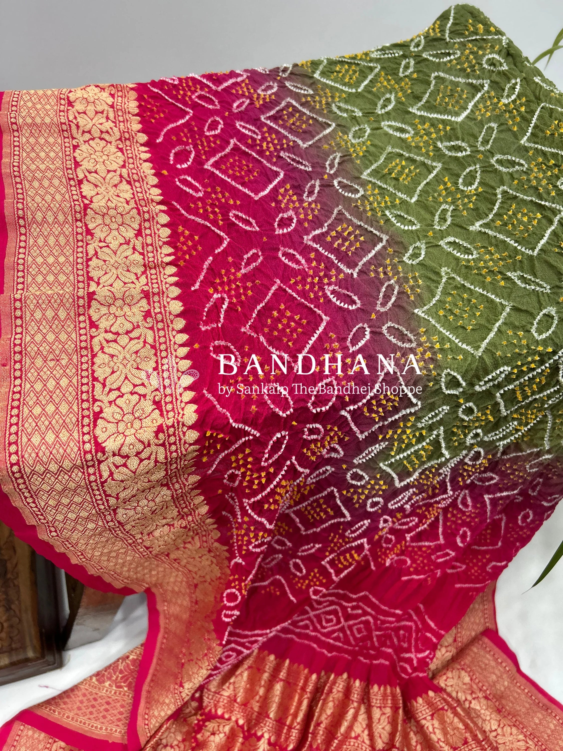 Olive Gajri Georgette Bananrasi All Over Rai Bandhani Saree Sarees