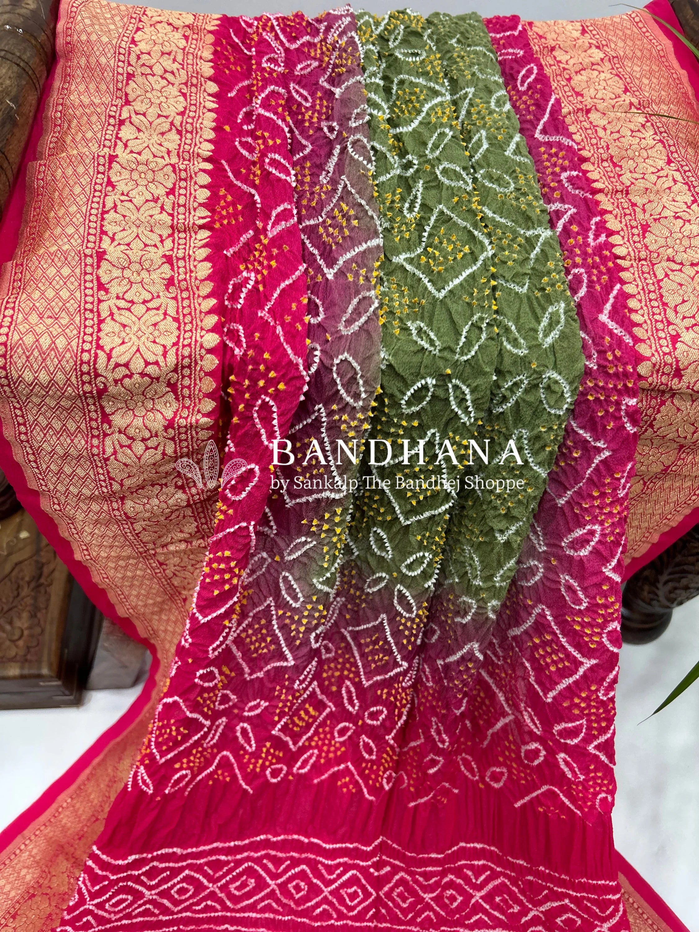 Olive Gajri Georgette Bananrasi All Over Rai Bandhani Saree Sarees