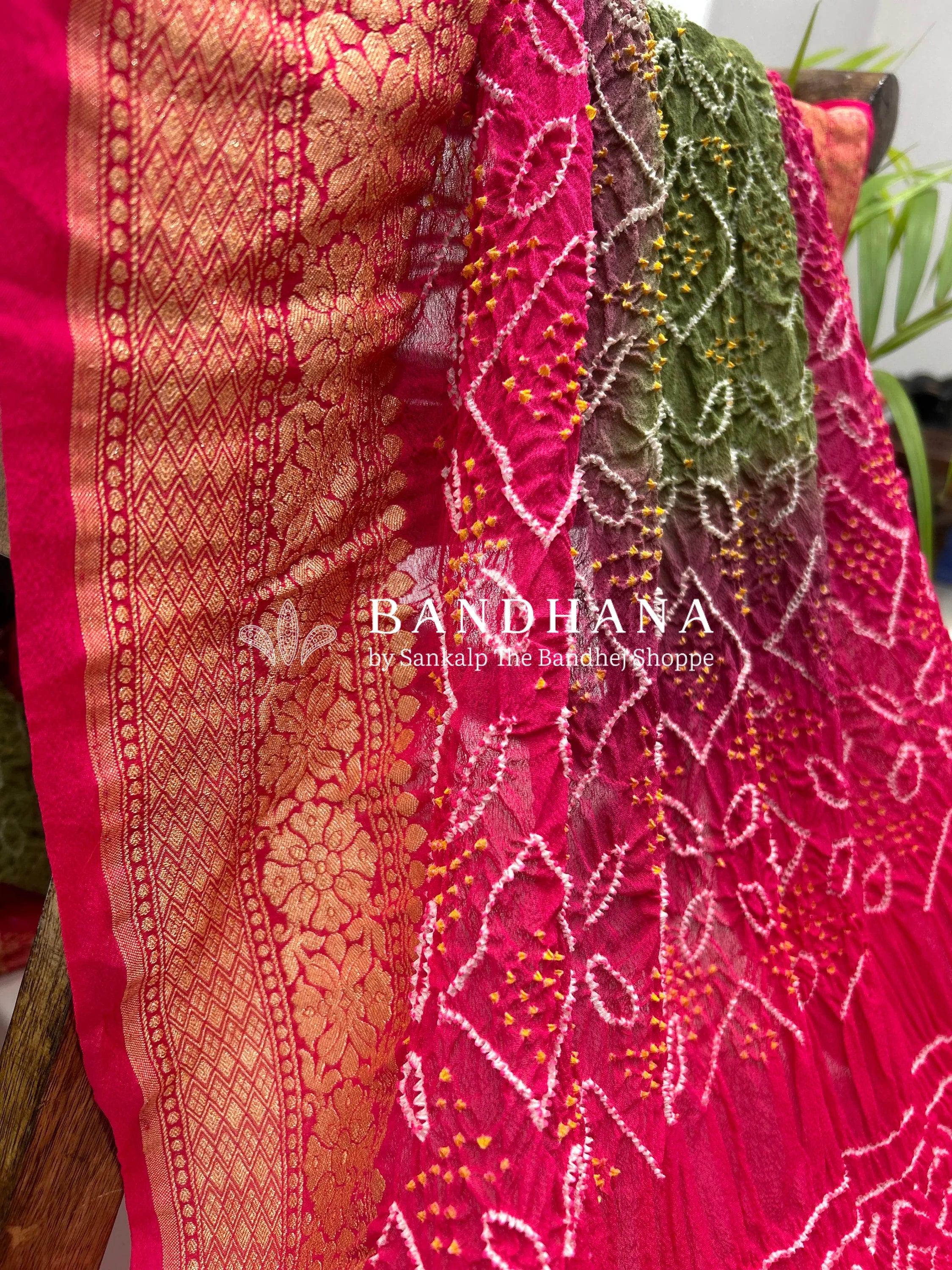 Olive Gajri Georgette Bananrasi All Over Rai Bandhani Saree Sarees