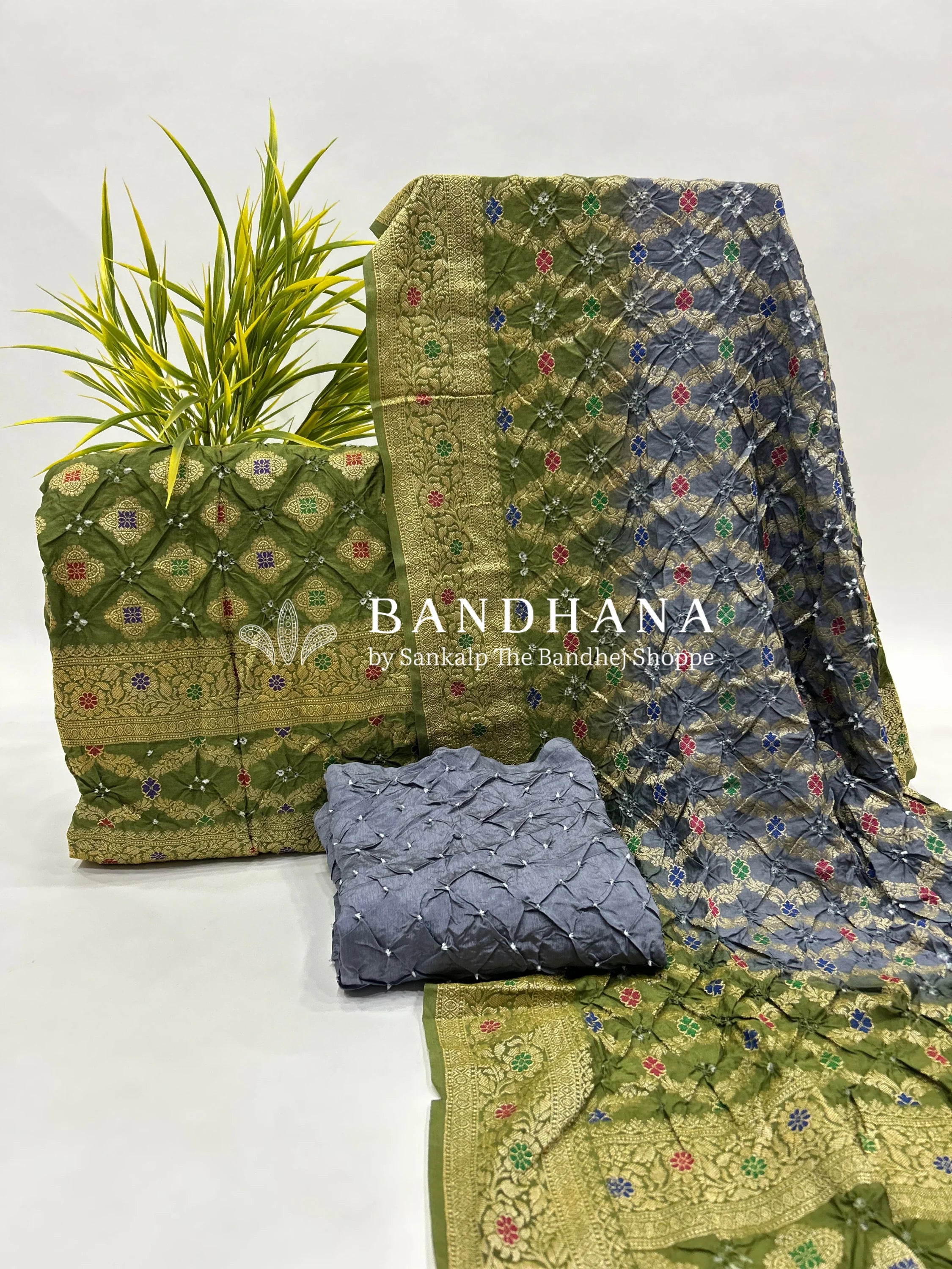 Olive & Grey Art Dupion Butta Bandhani Dress Material green / Art Silk Dresses