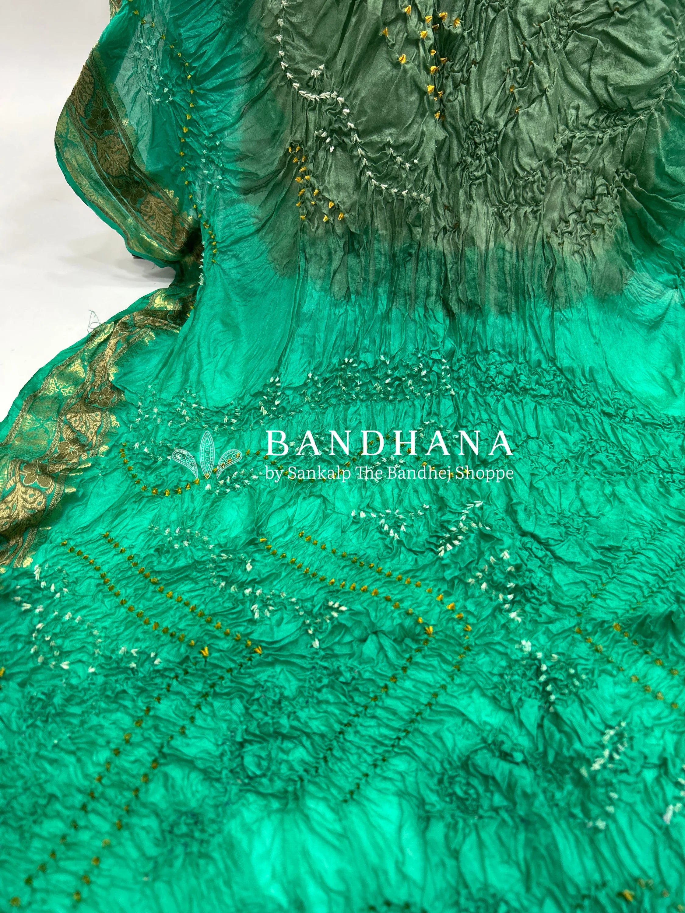 Olive & Sea Green Soft Silk Resham Palav Bandhani Saree mediumseagreen / Soft Silk Sarees