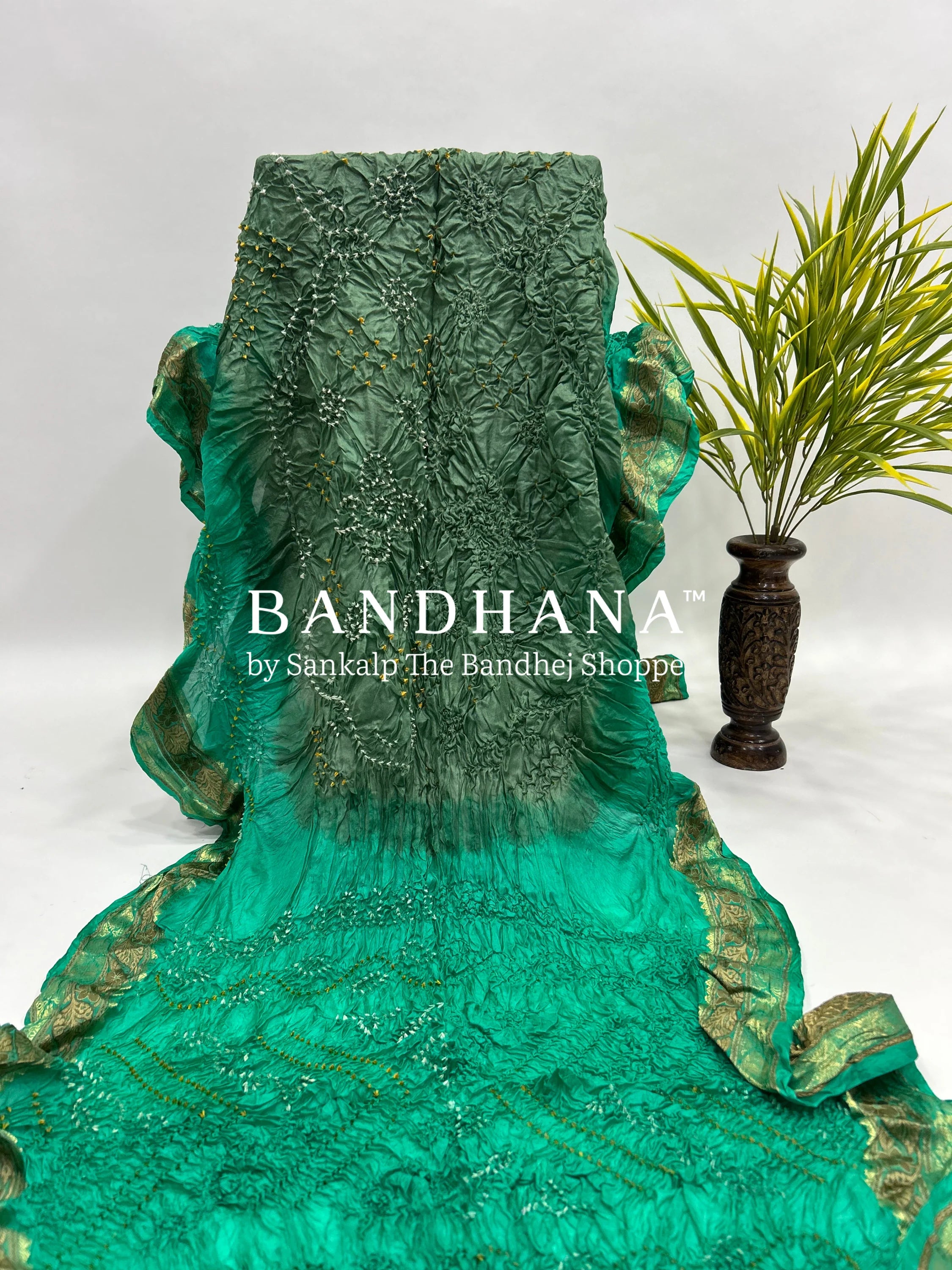 Olive & Sea Green Soft Silk Resham Palav Bandhani Saree mediumseagreen / Soft Silk Sarees