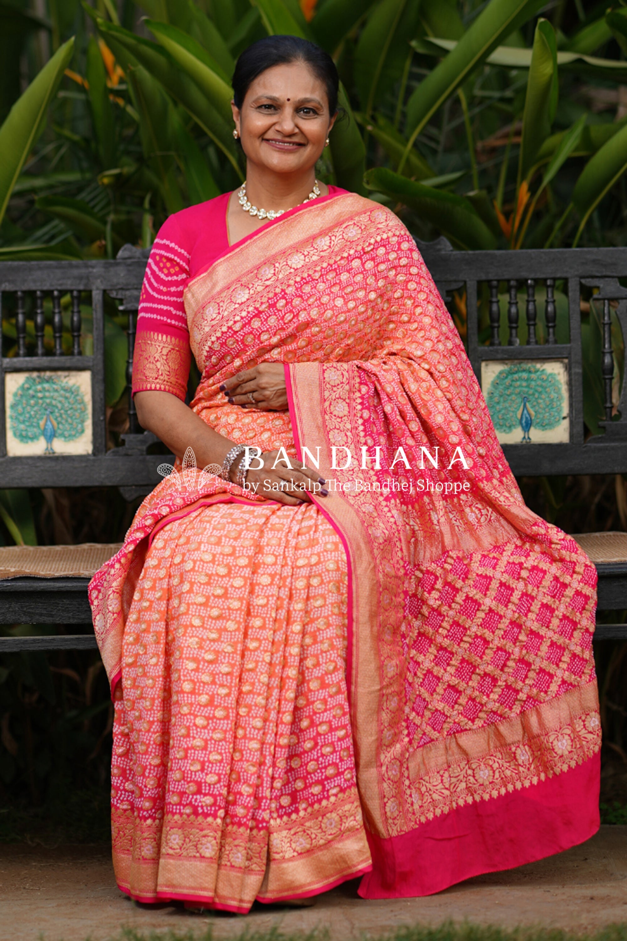 Orange And Strawberry Pink Georgette Banarasi Handloom Saree Sarees