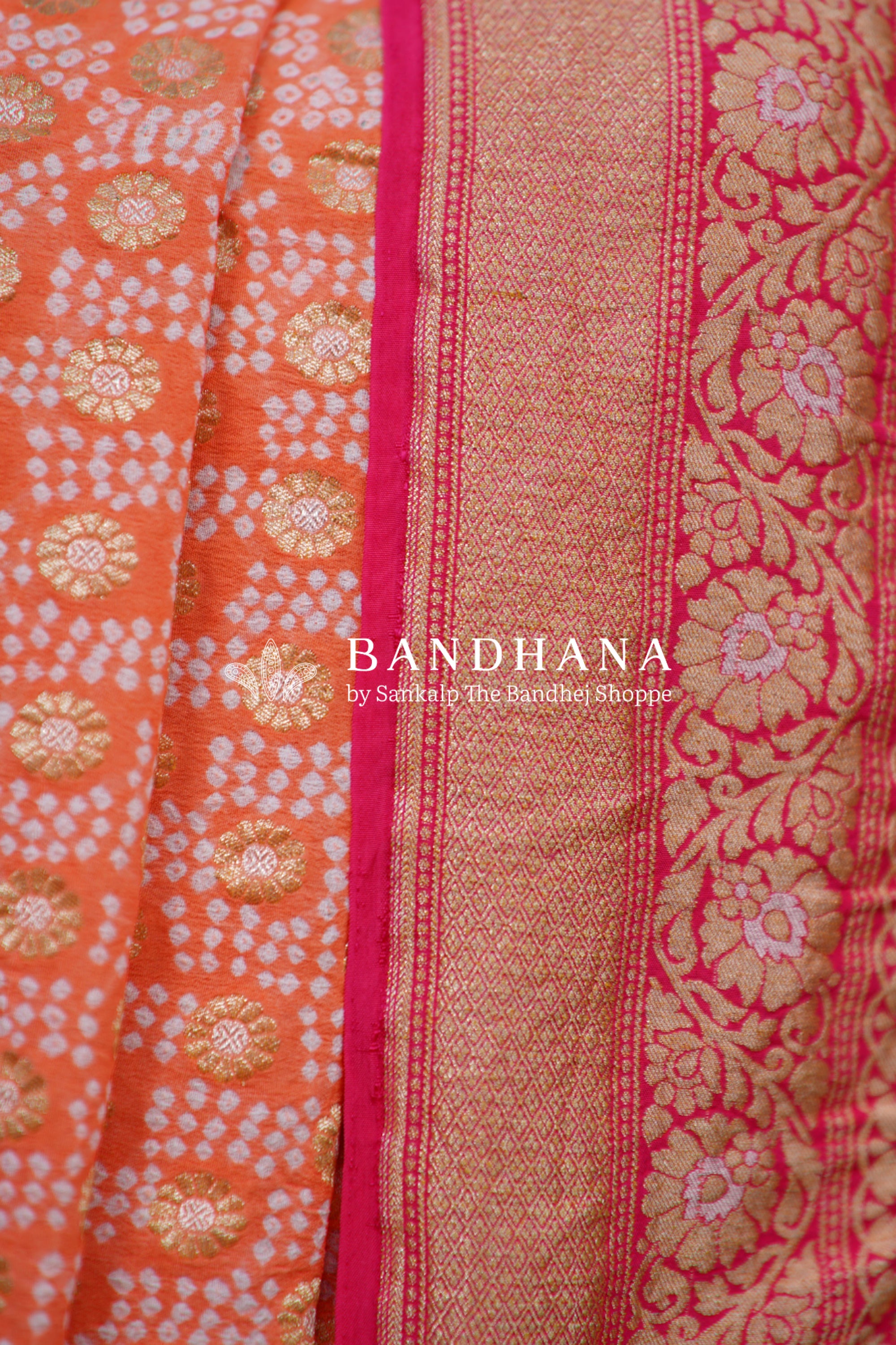 Orange And Strawberry Pink Georgette Banarasi Handloom Saree Sarees