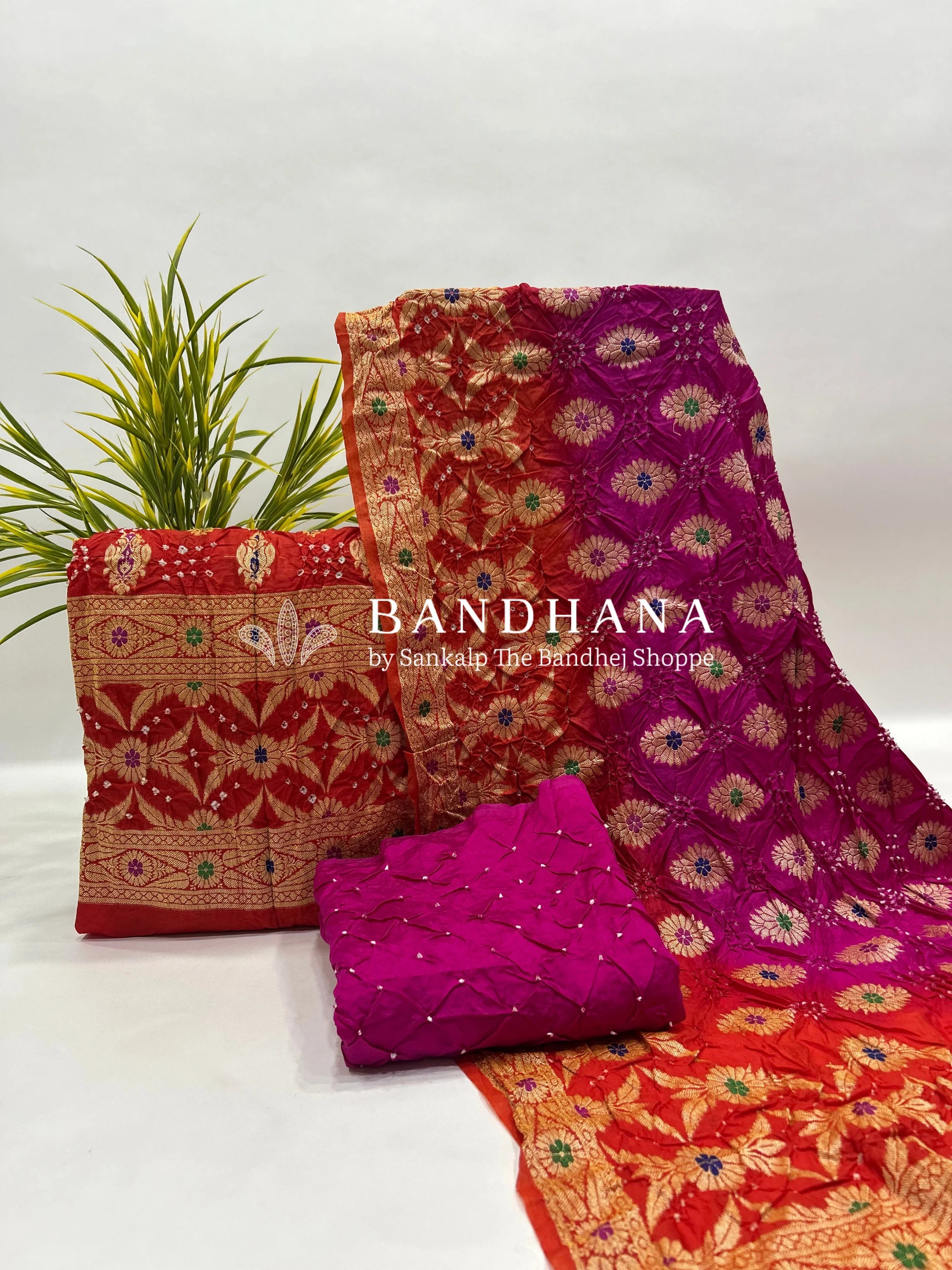 Orange & Rani Art Dupion Butta Bandhani Dress Material fuchsia / Art Silk Dresses