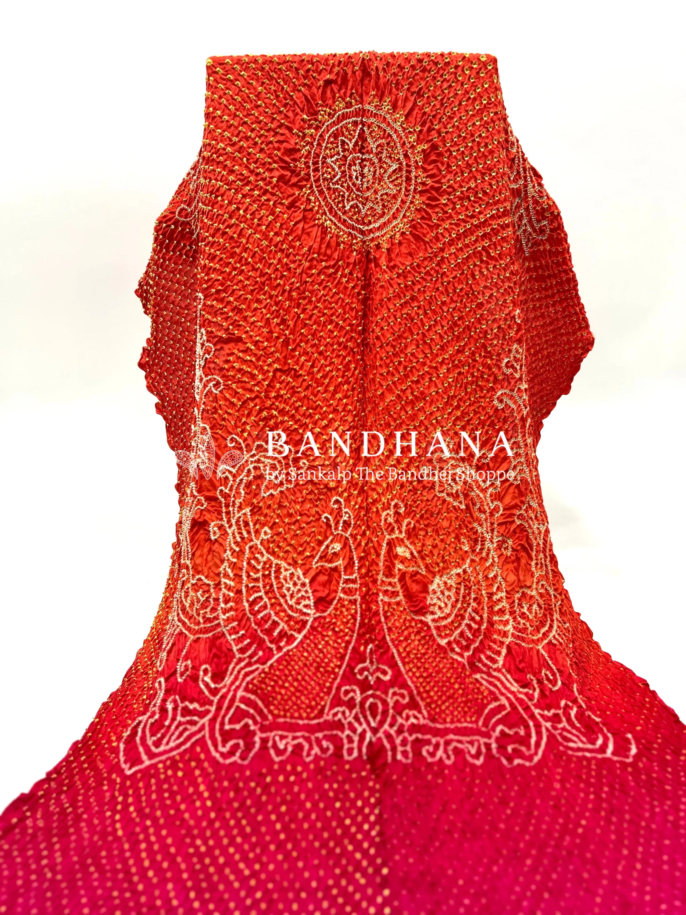 Orange-Rani Gaji Silk Mor Pankh Bandhani Dupatta orangered / Gajji Silk Dupattas