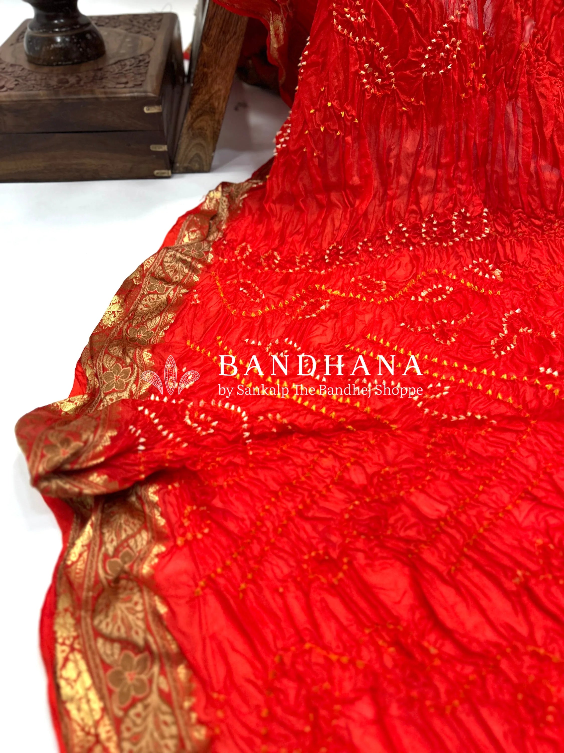 Orange Soft Silk Resham Border Bandhani Saree red / Soft Silk Sarees