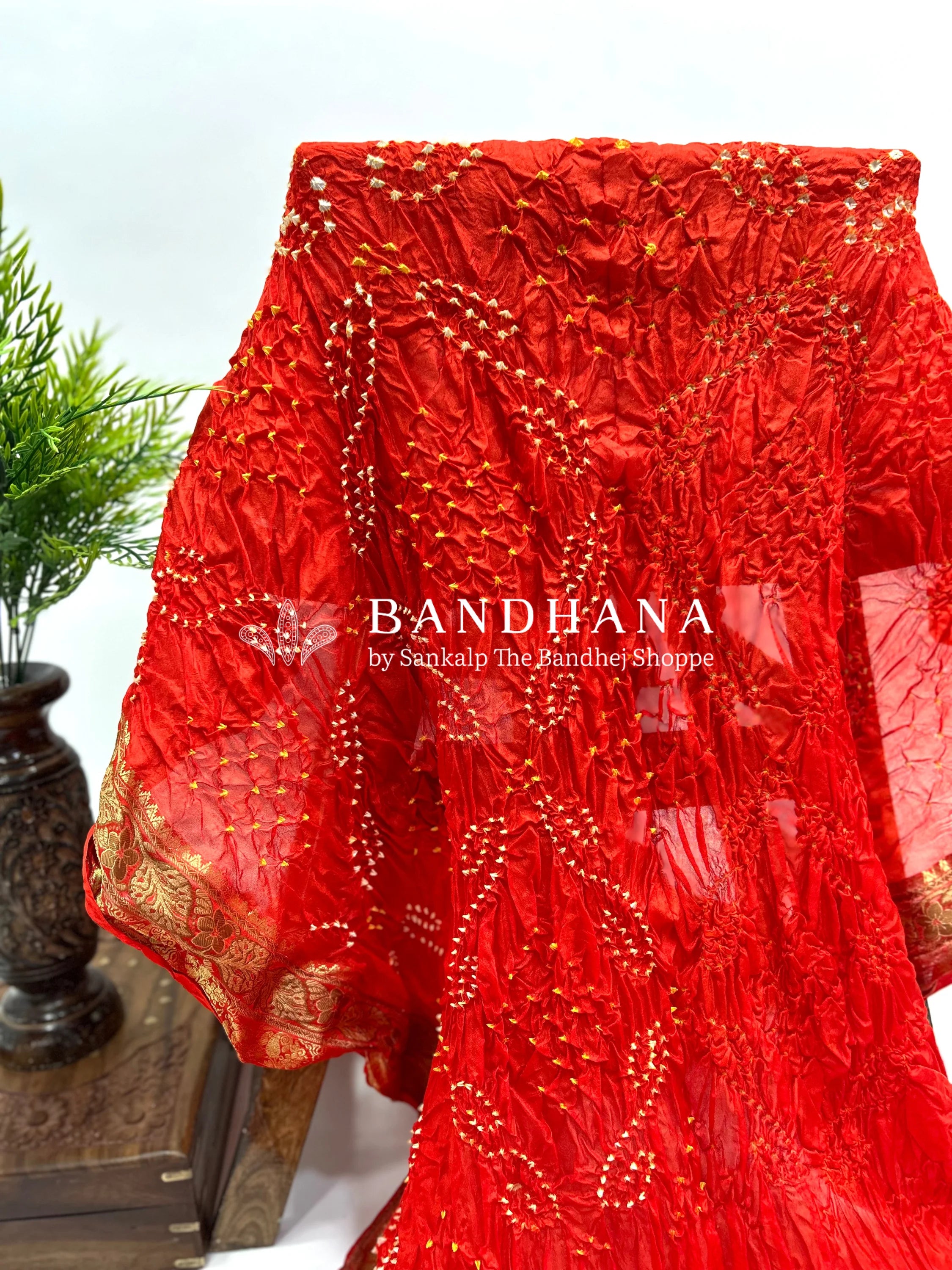 Orange Soft Silk Resham Border Bandhani Saree red / Soft Silk Sarees